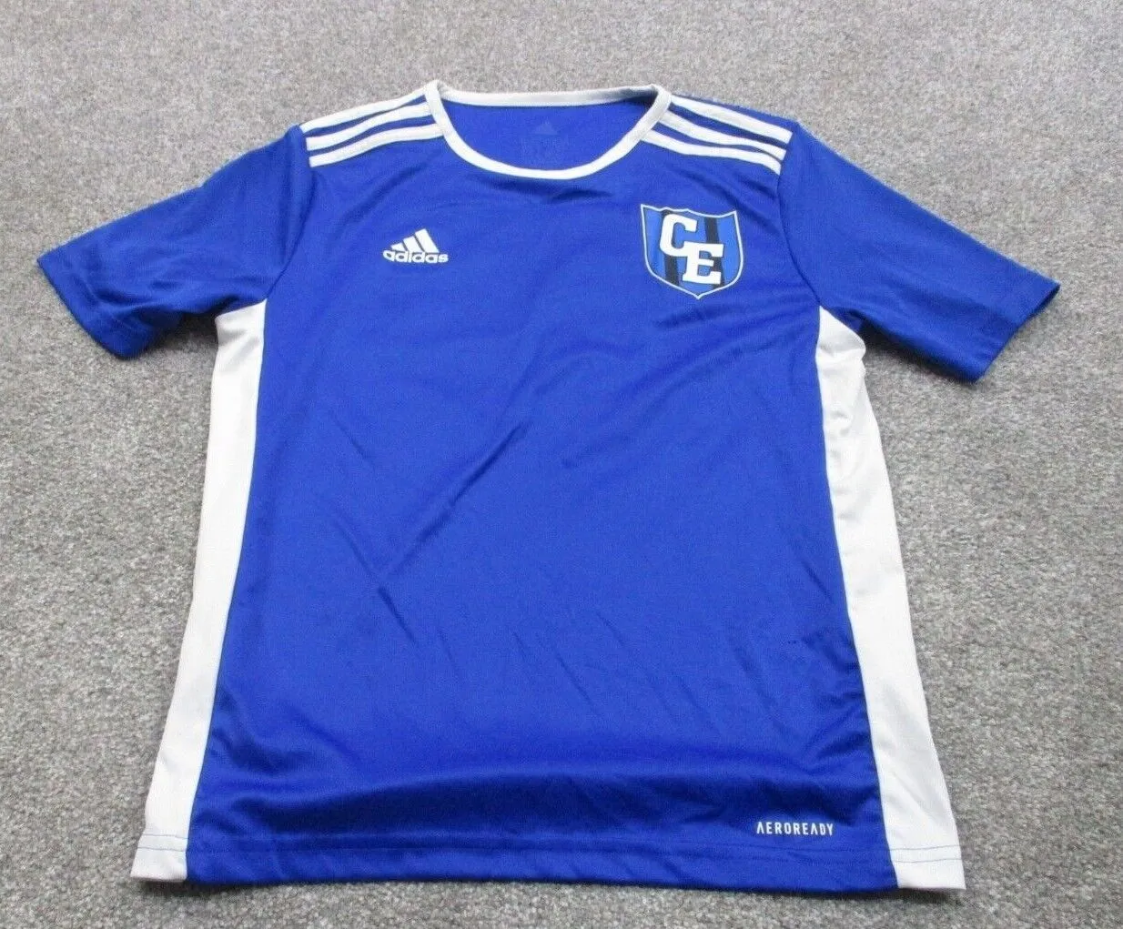 Adidas Aeroready Football Shirt Boys Medium Blue White 3 Striped Sports Logo