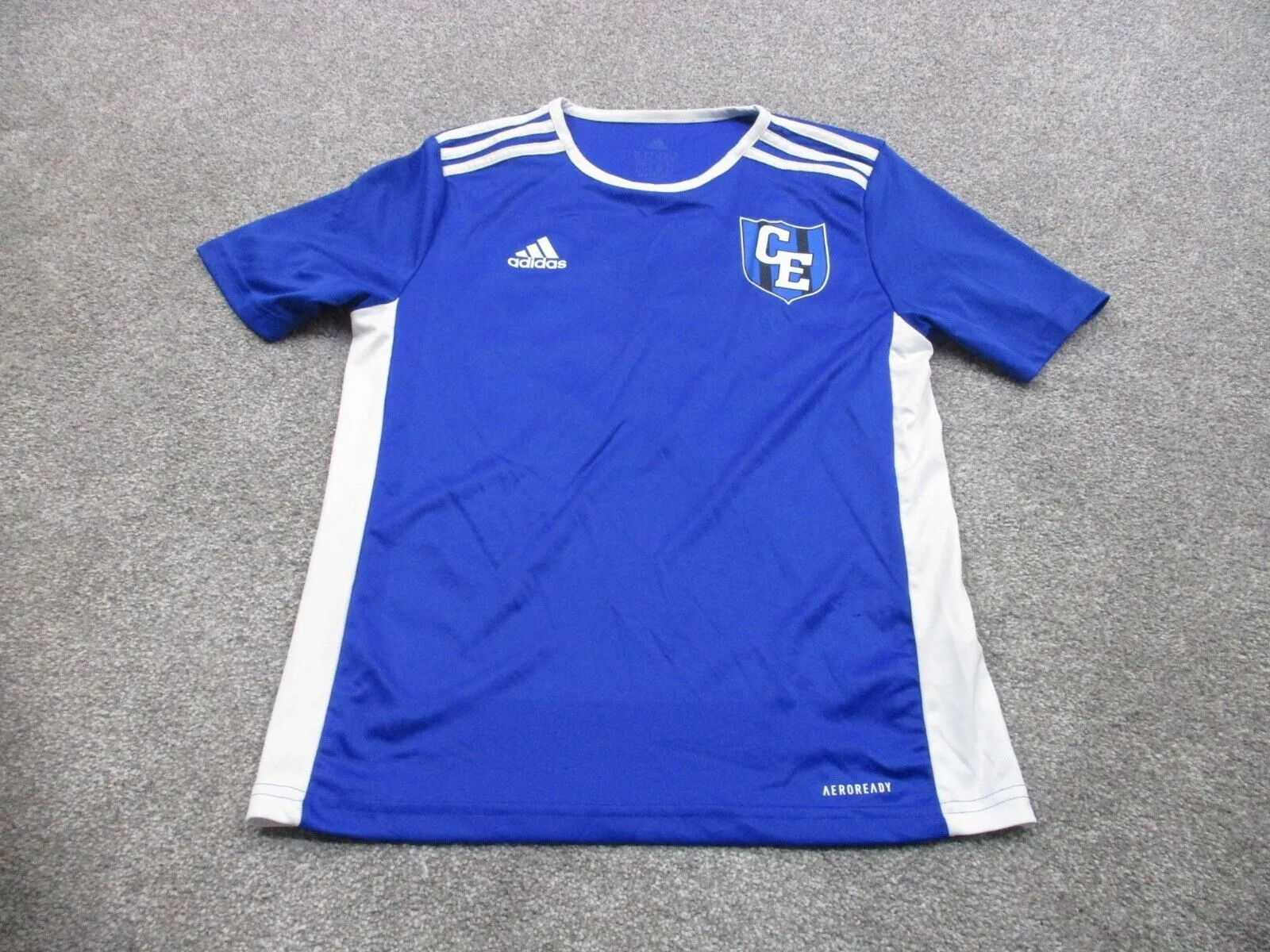 Adidas Aeroready Football Shirt Boys Medium Blue White 3 Striped Sports Logo