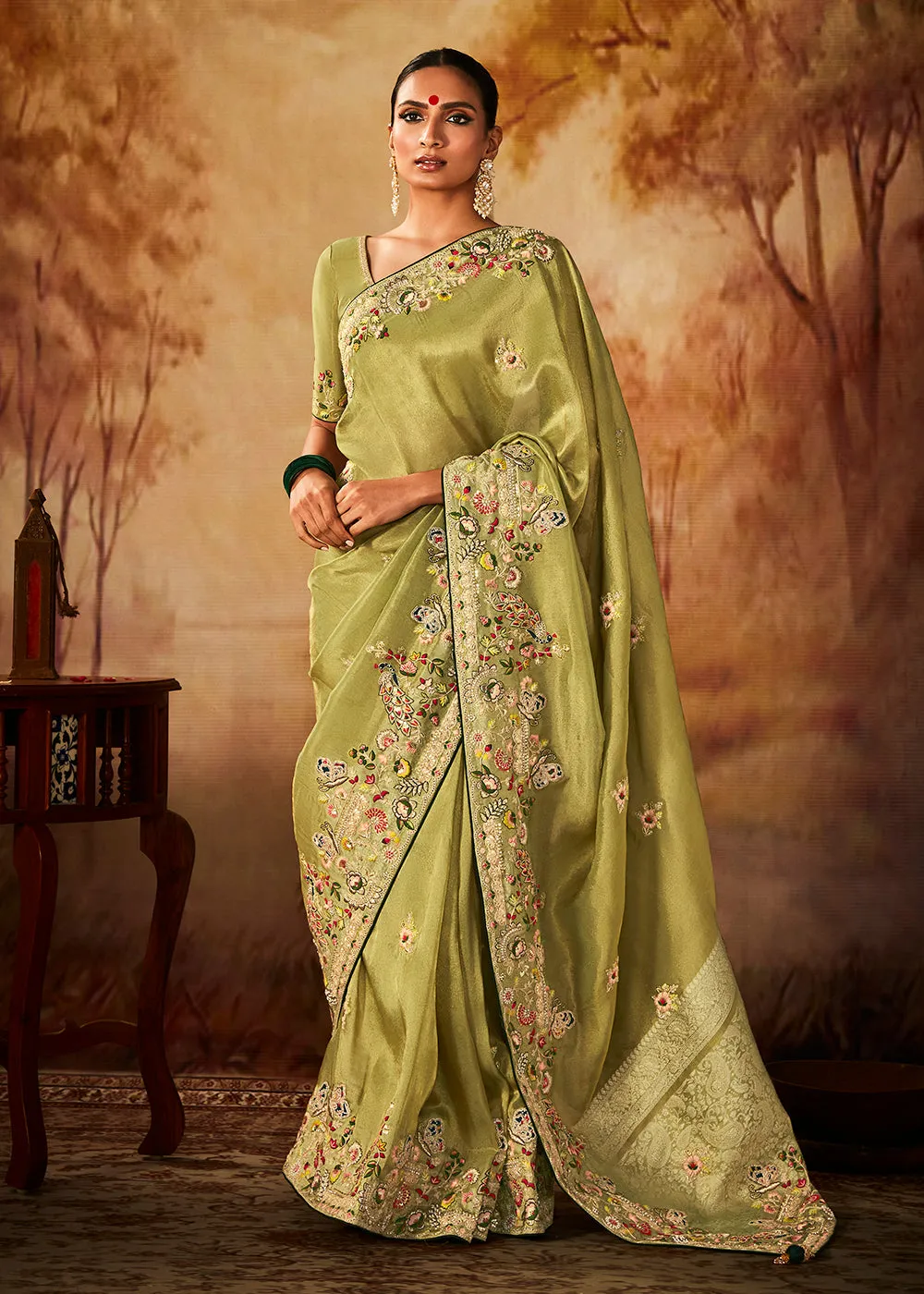 Apple Green Wedding Wear Embroidered Kanjivaram Silk Saree