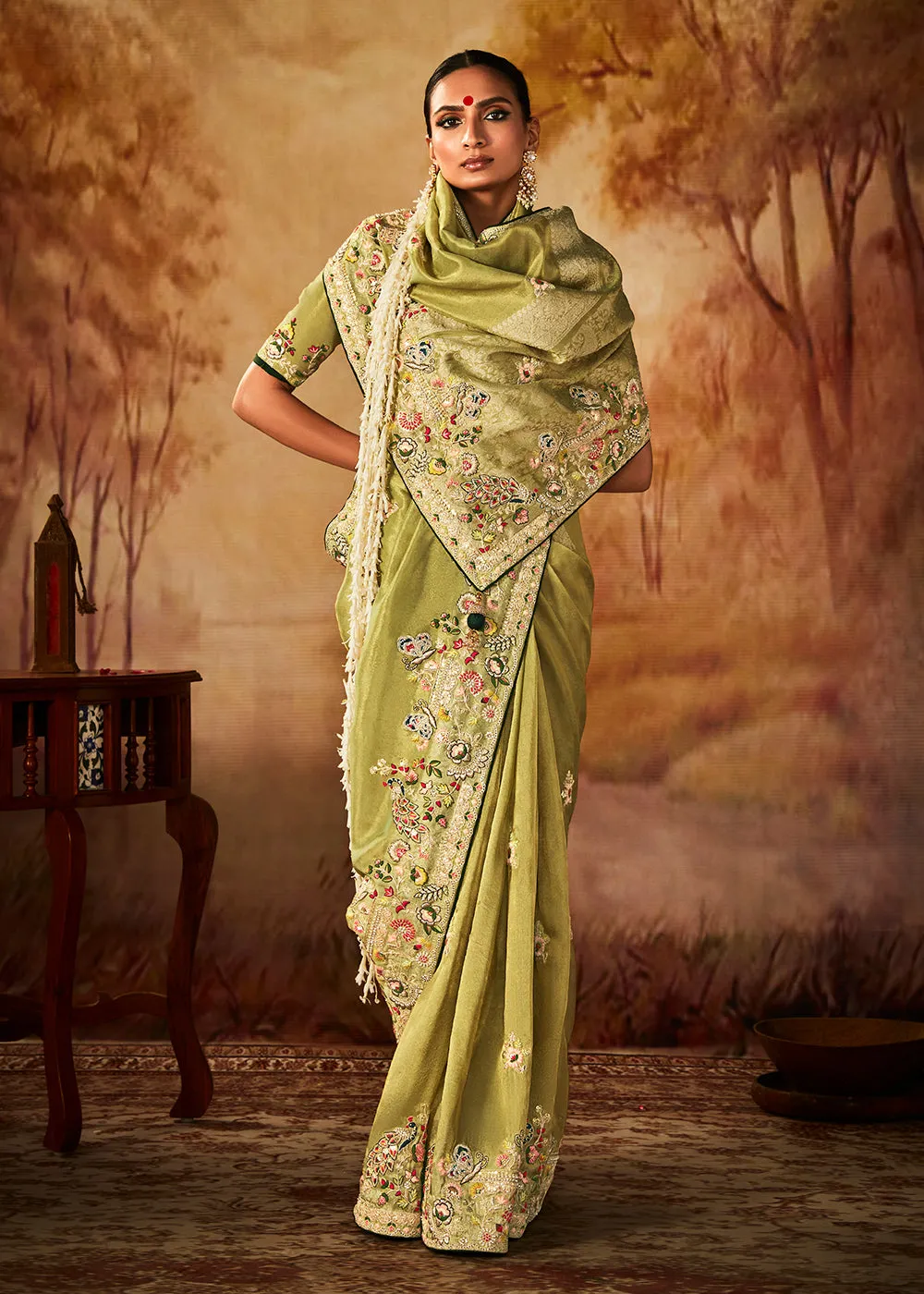 Apple Green Wedding Wear Embroidered Kanjivaram Silk Saree