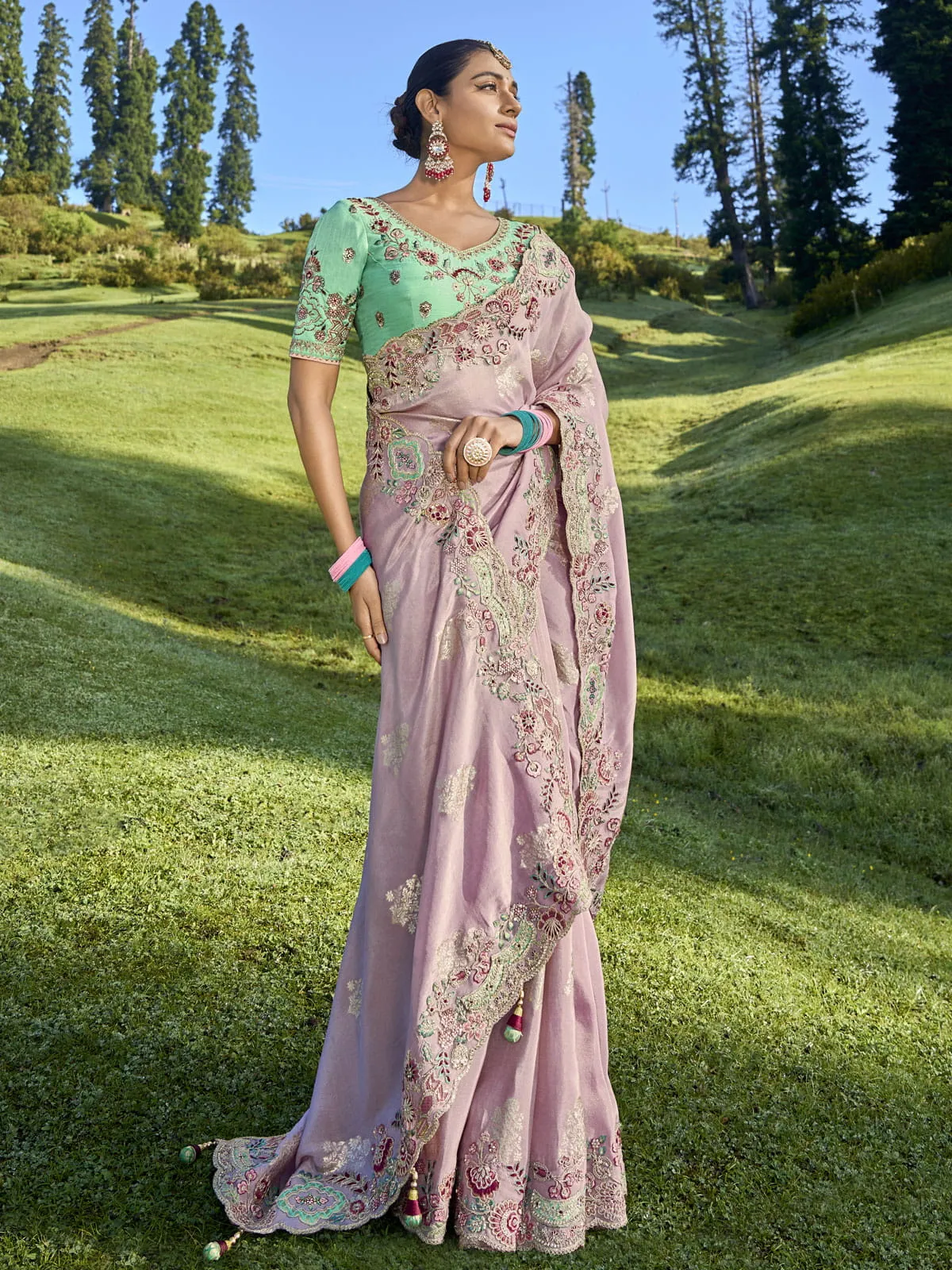 baby pink gadwal viscose embroidered with aquamarine green silk blouse