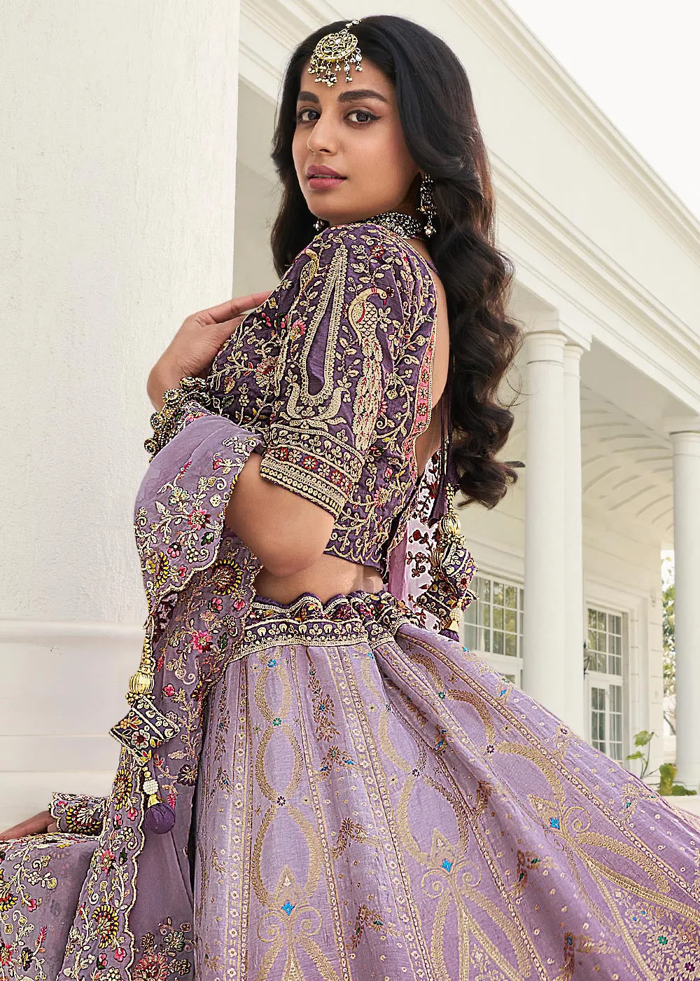 Beauteous Lavender Heavy Embroidered Silk Bridal Lehenga Choli