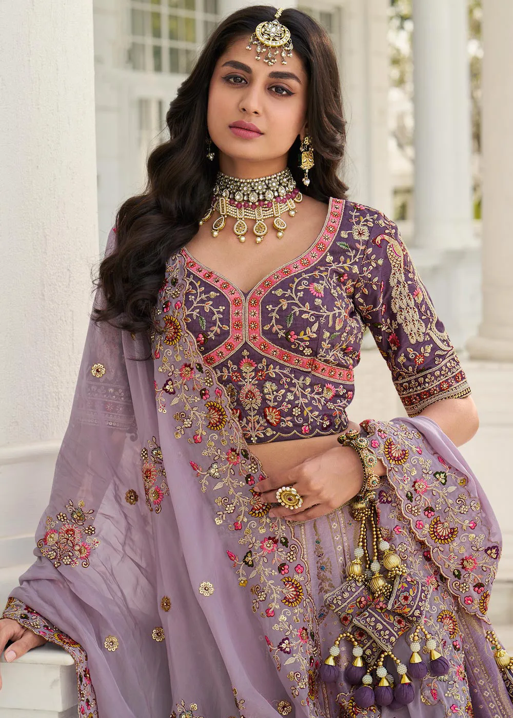 Beauteous Lavender Heavy Embroidered Silk Bridal Lehenga Choli