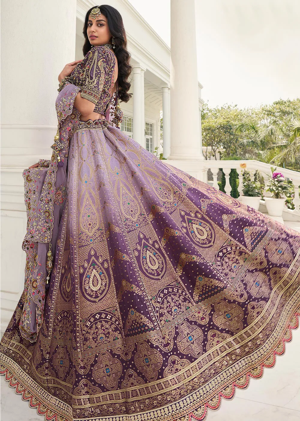 Beauteous Lavender Heavy Embroidered Silk Bridal Lehenga Choli