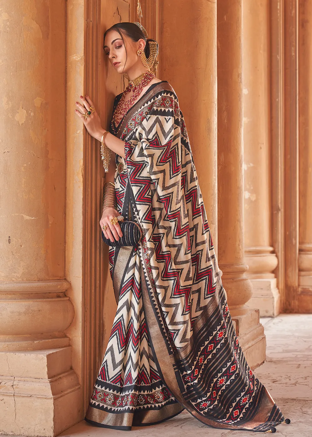 Black & White Designer Printed Silk Saree