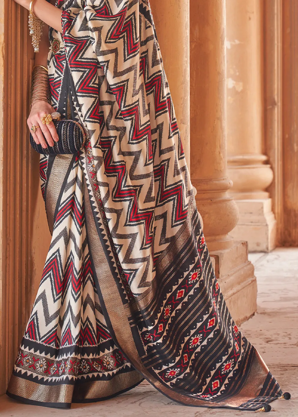 Black & White Designer Printed Silk Saree