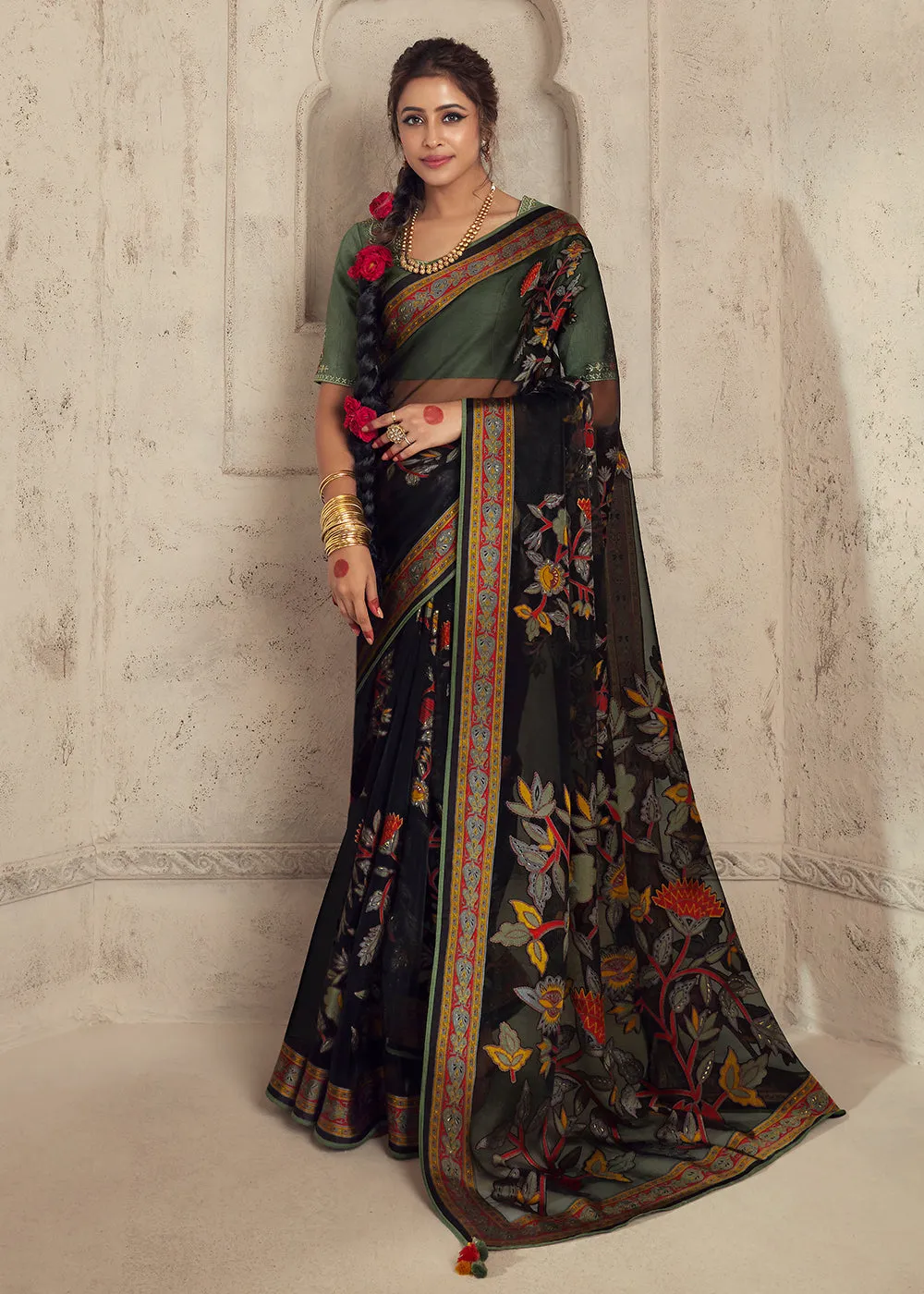 Black Soft Organza Brasso Embroidered Wedding Festive Saree