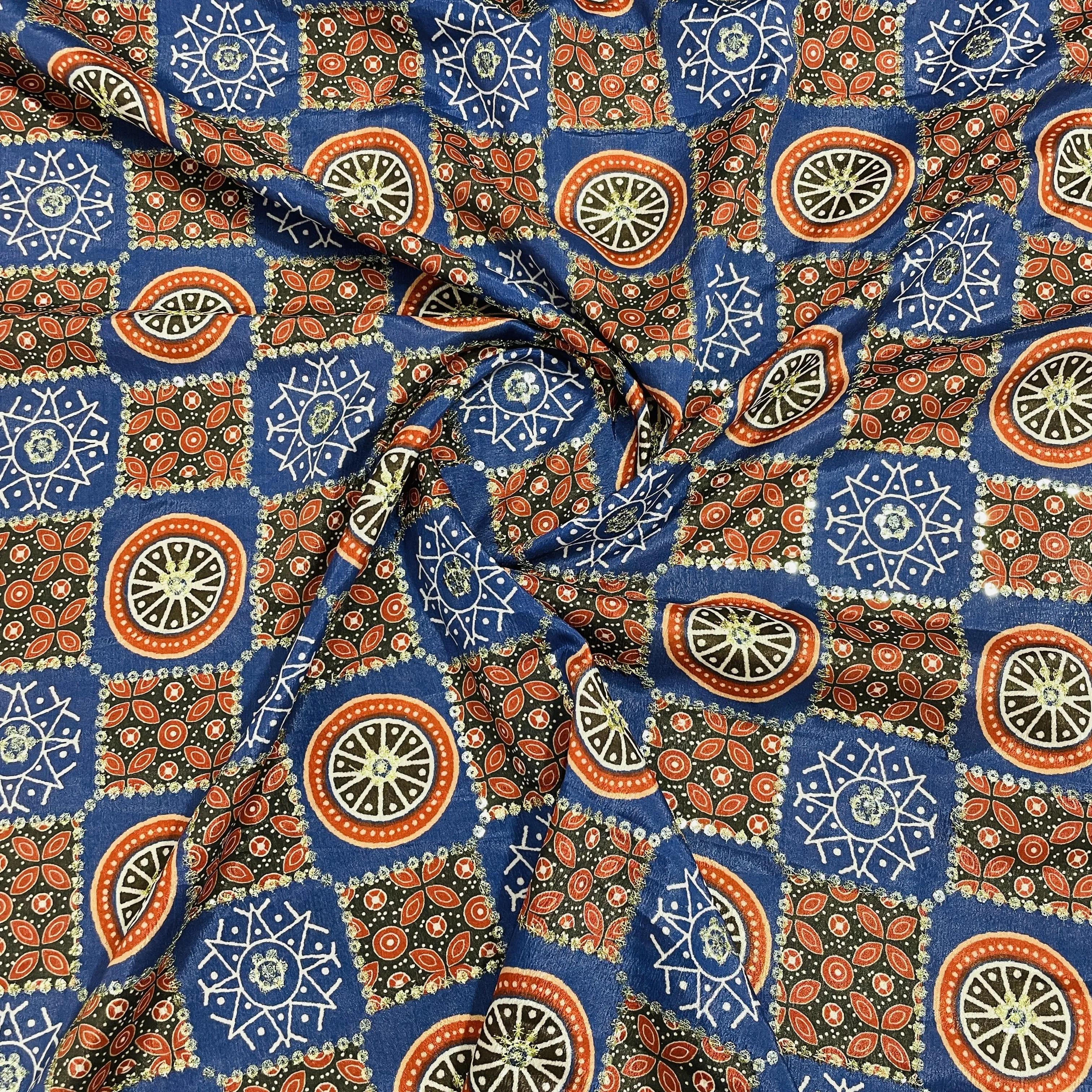 Blue Red Zari Embroidery Chinnon Fabric 16