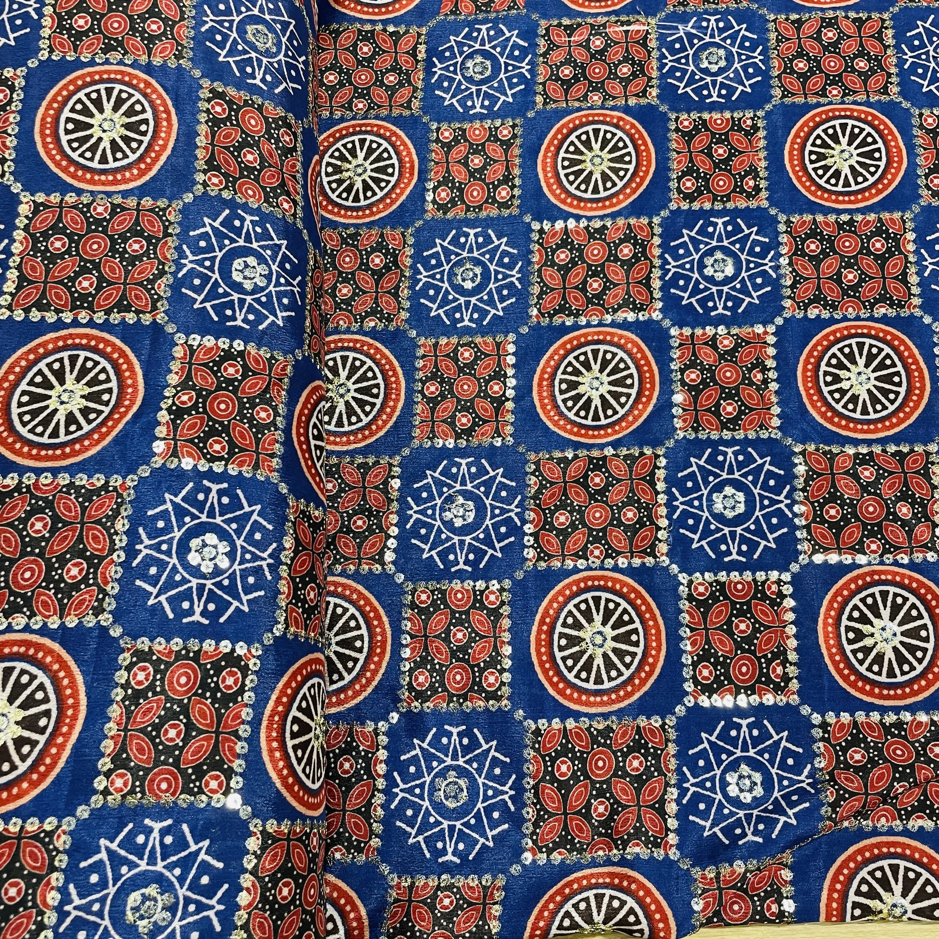 Blue Red Zari Embroidery Chinnon Fabric 16