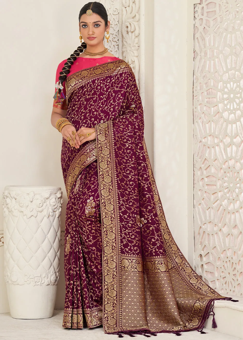 Boysenberry Purple Zari Woven Dola Silk Saree