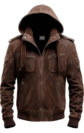 Brown Slim fit Suede Hooded Leather Jacket