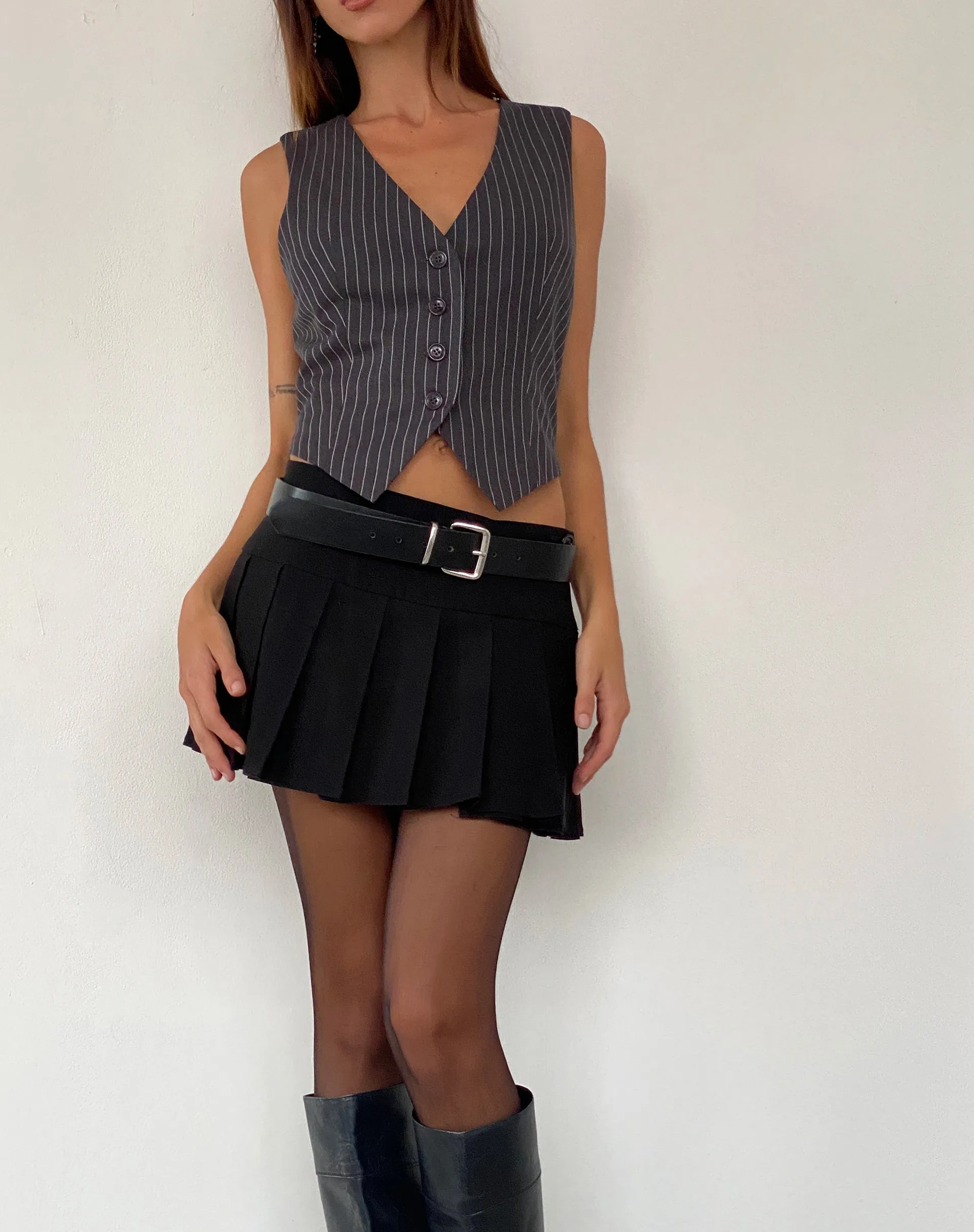 Canta Tailored Vest Top in Dark Grey Pinstripe