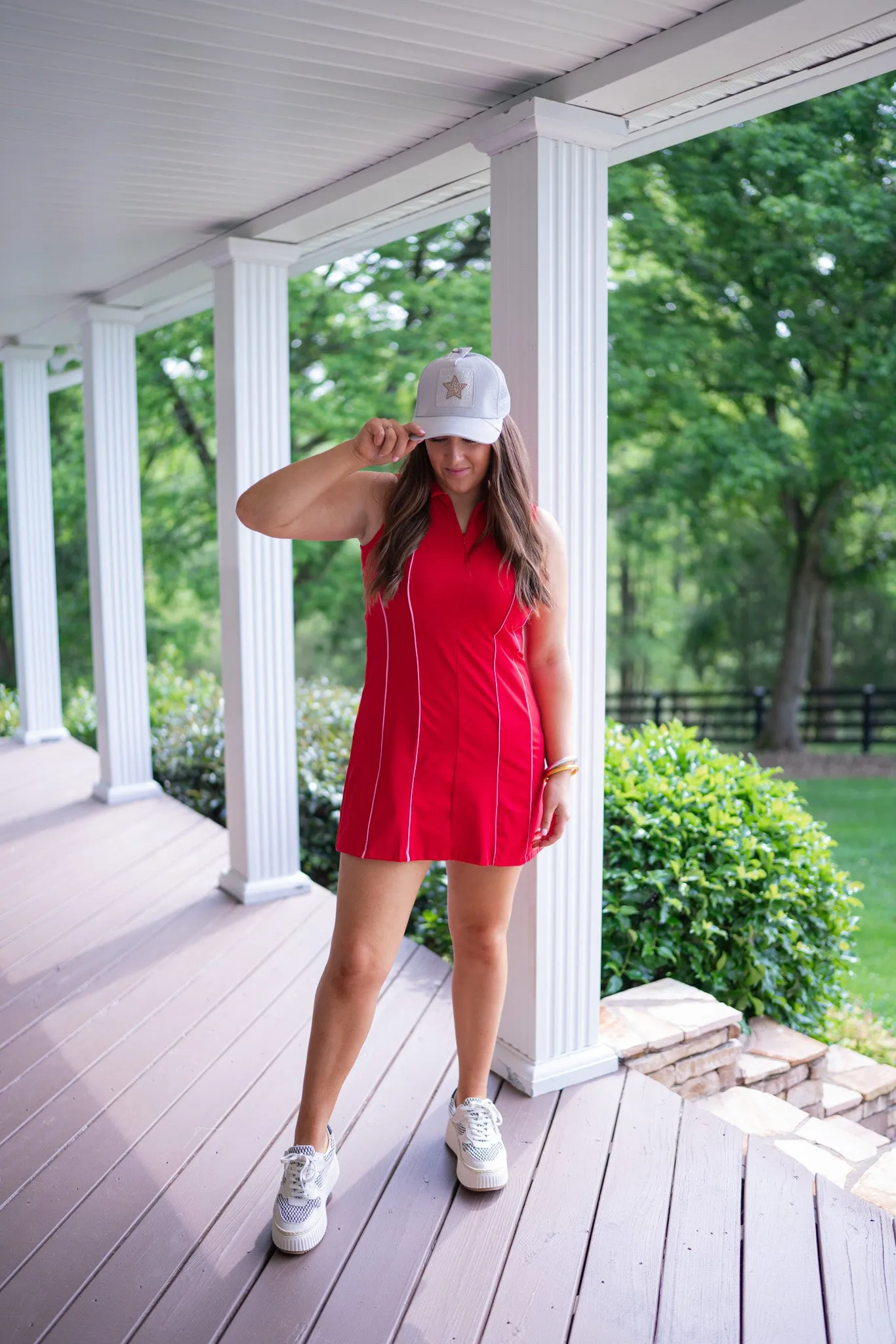 Collared Quarter Zip Active Dress-Red