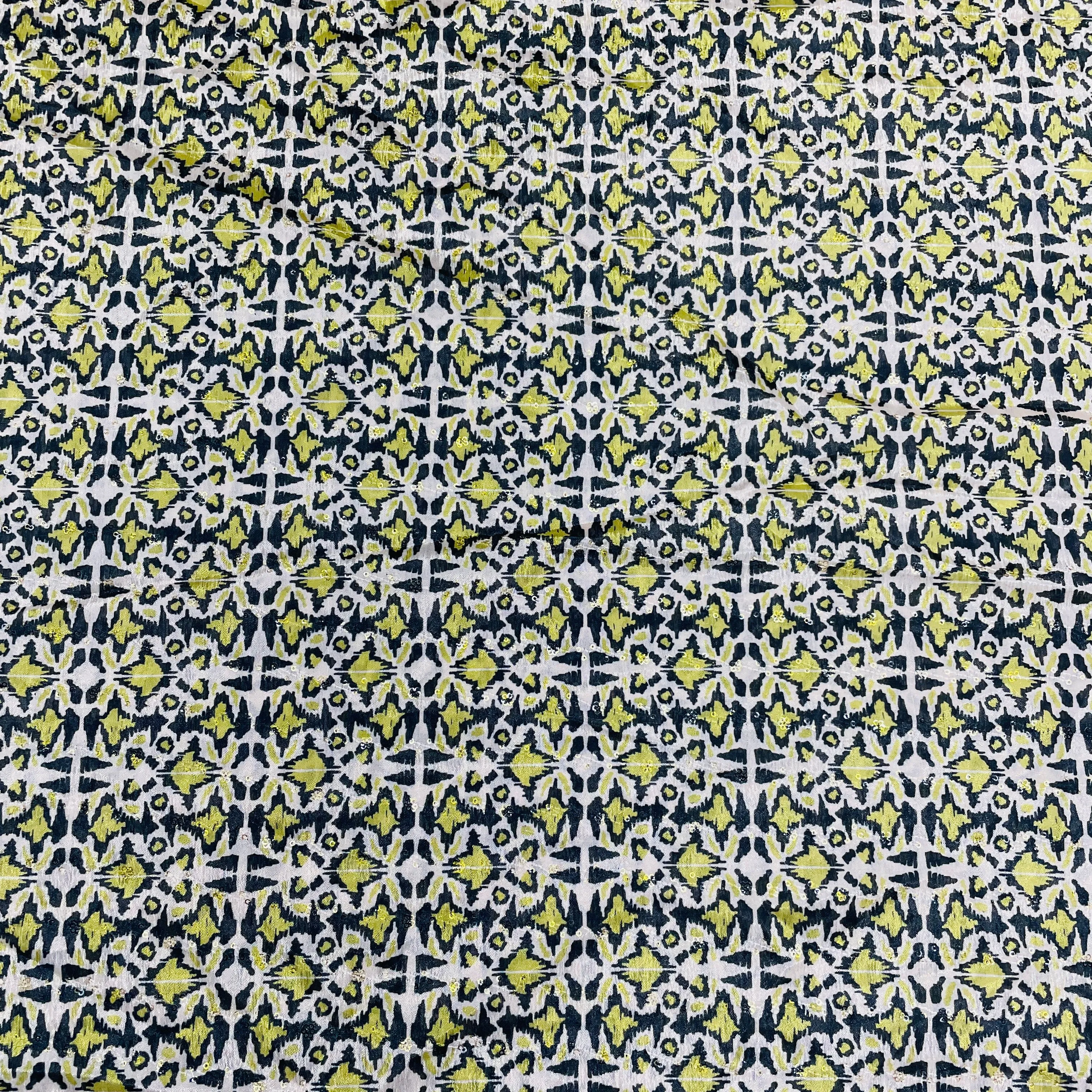 Cream & Green Geometrical Print Chinon Fabric