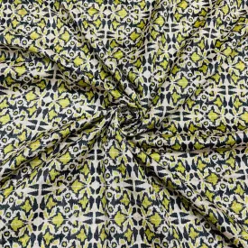 Cream & Green Geometrical Print Chinon Fabric