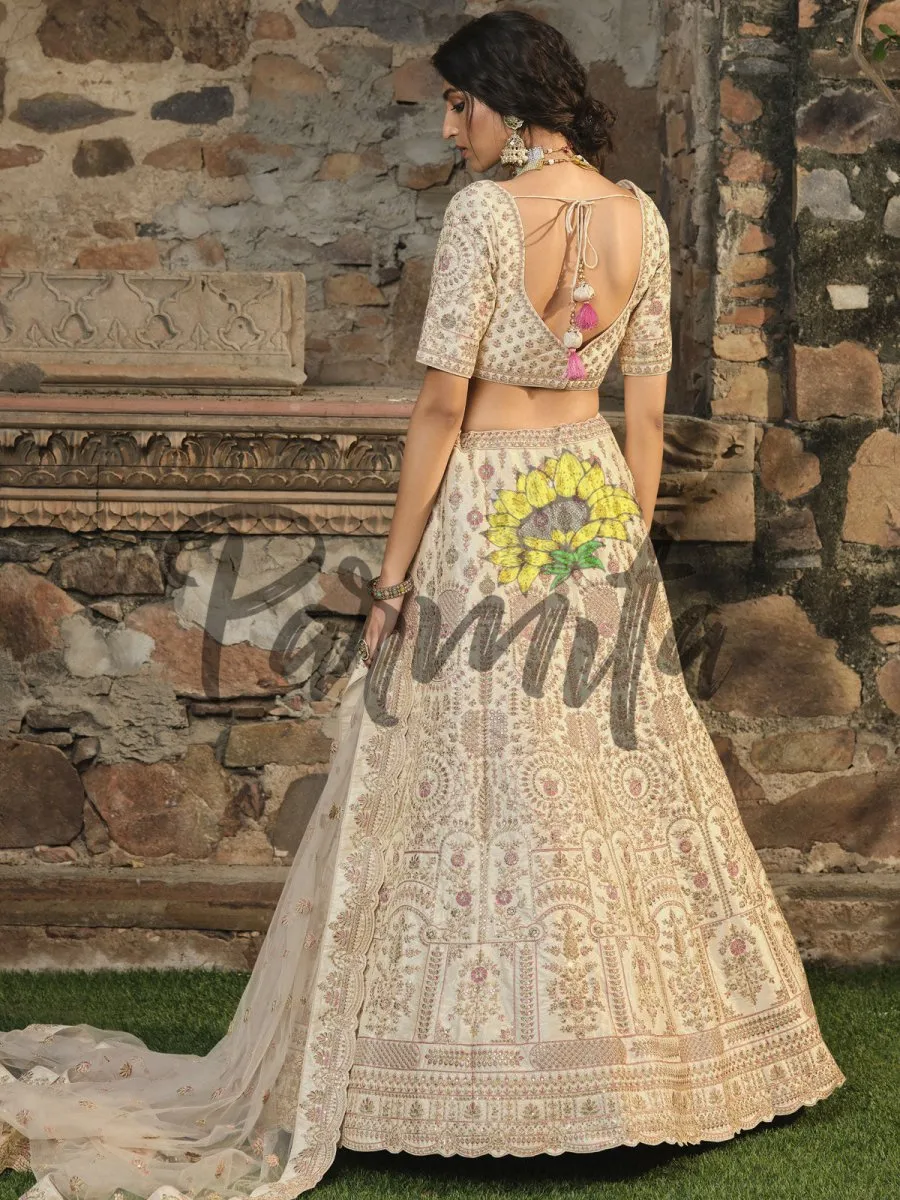 Cream Multi thread and Sequinned Embroidered lehenga