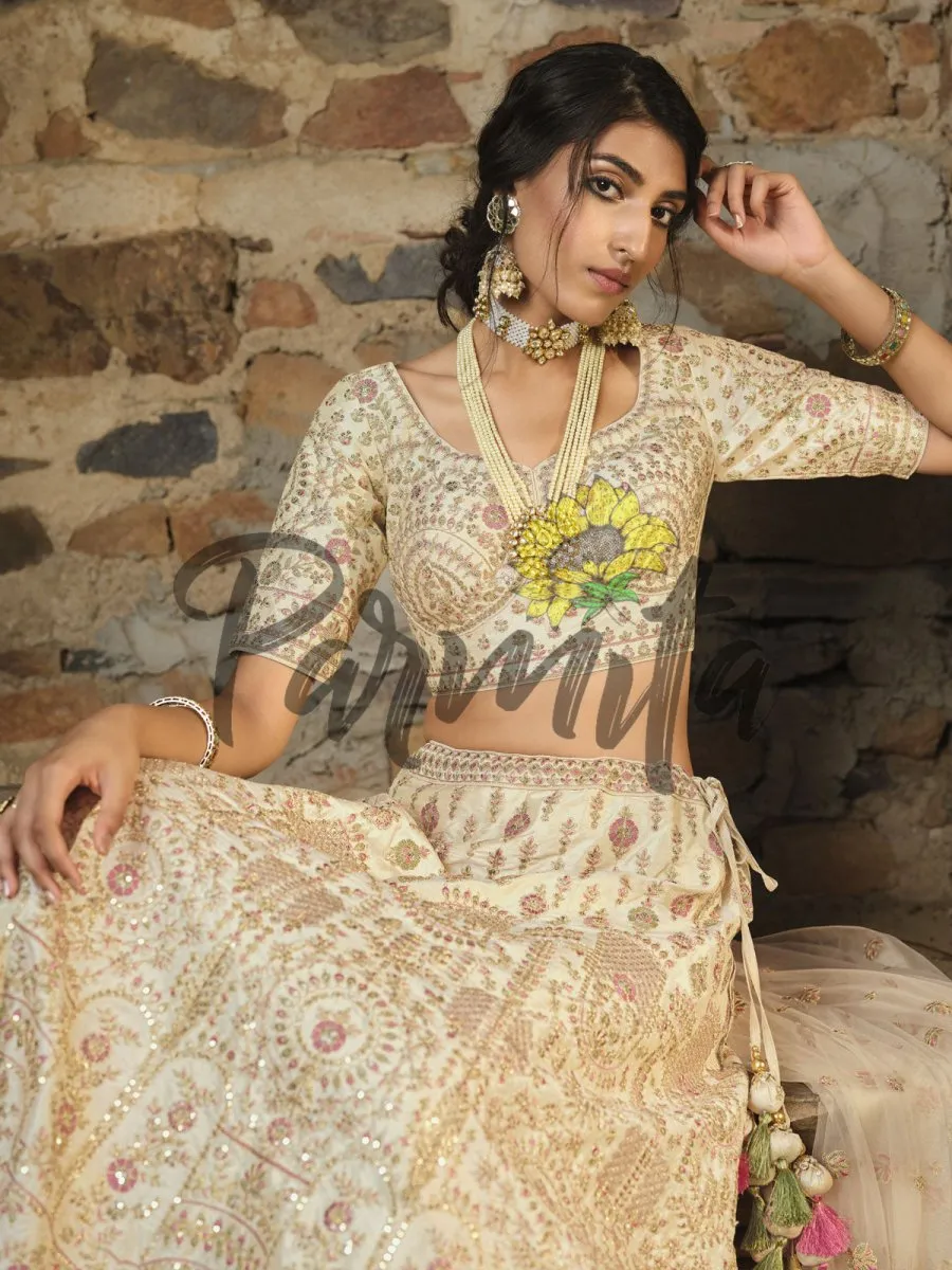 Cream Multi thread and Sequinned Embroidered lehenga