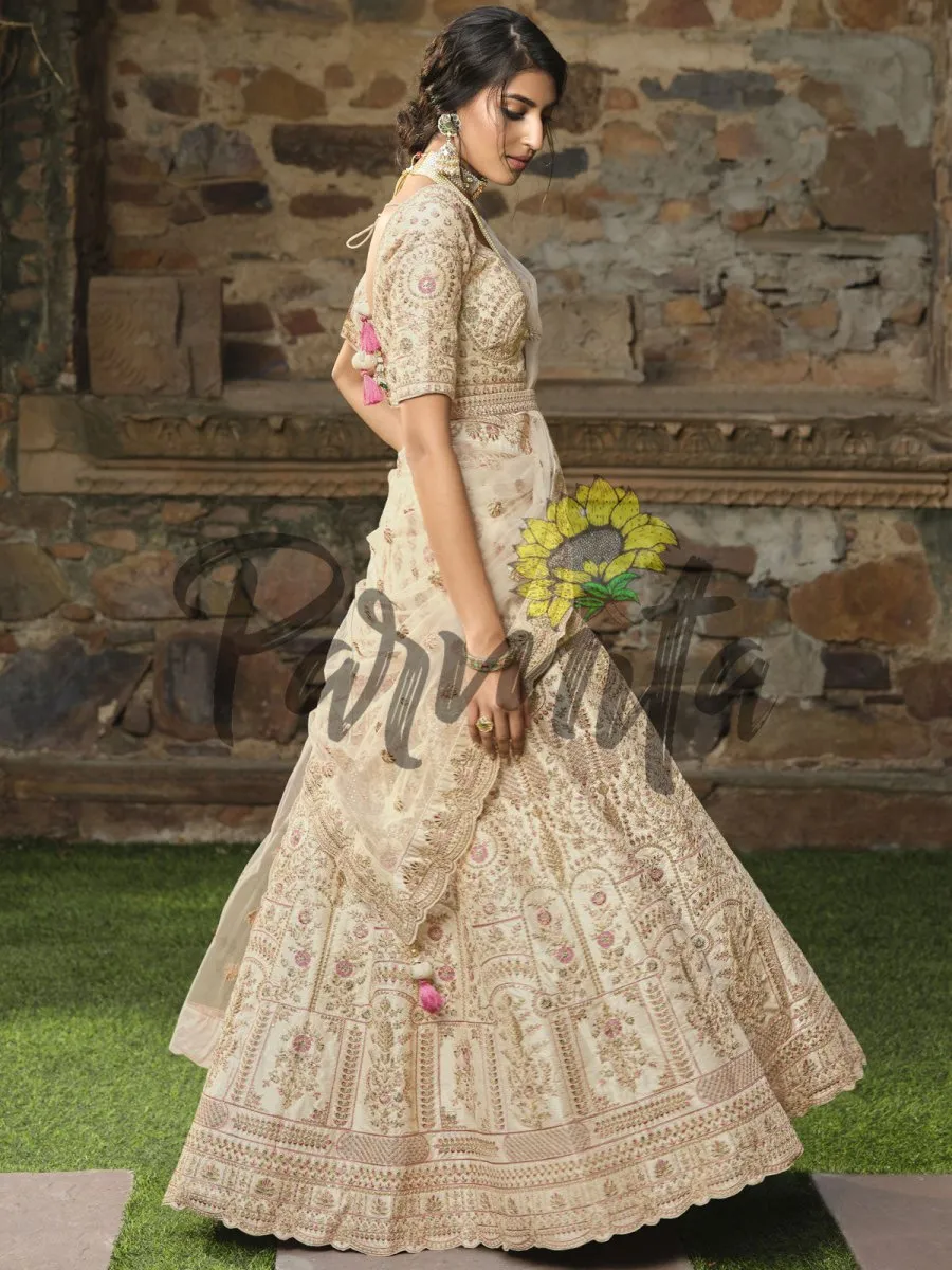 Cream Multi thread and Sequinned Embroidered lehenga