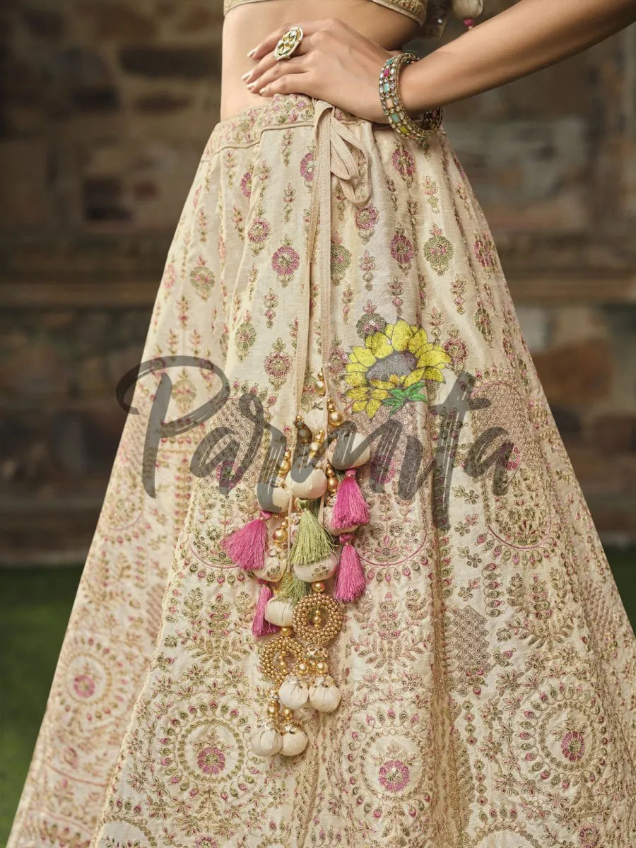 Cream Multi thread and Sequinned Embroidered lehenga