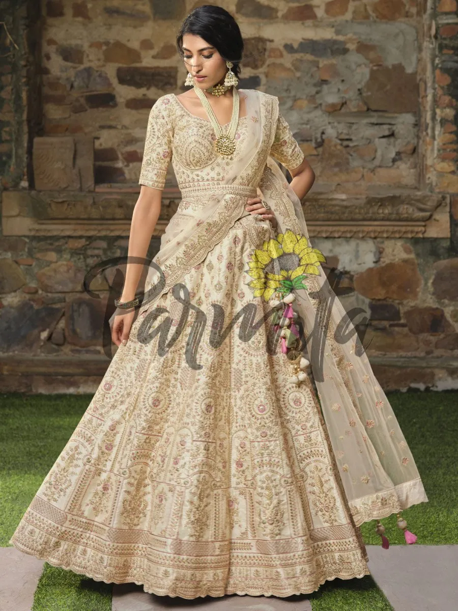 Cream Multi thread and Sequinned Embroidered lehenga