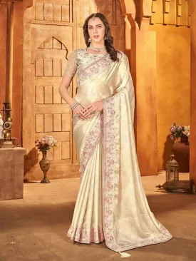 Cream Women Floral Embroidered Satin Saree