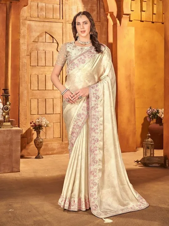 Cream Women Floral Embroidered Satin Saree