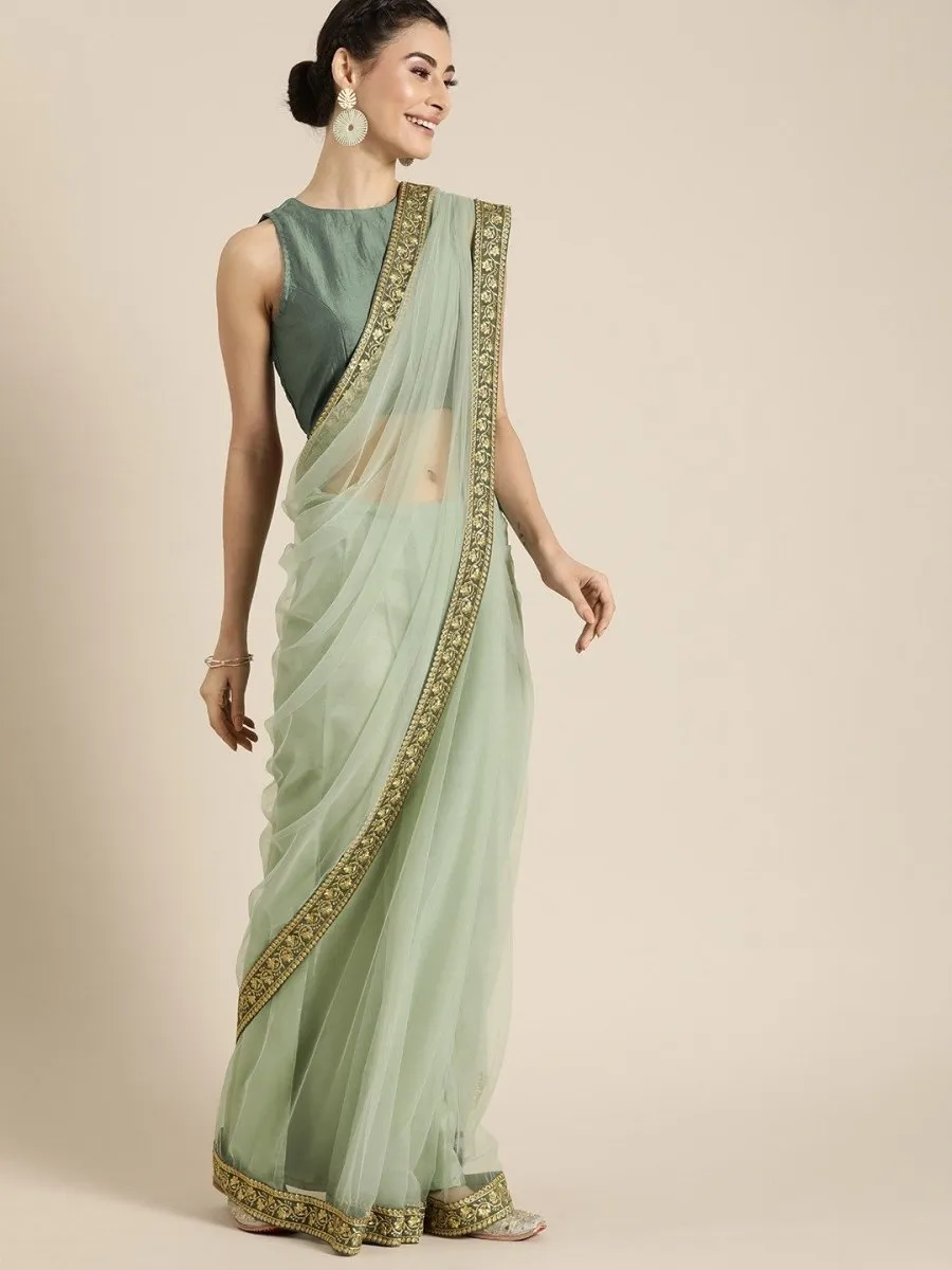 Embroidered Green Net Partywear Saree