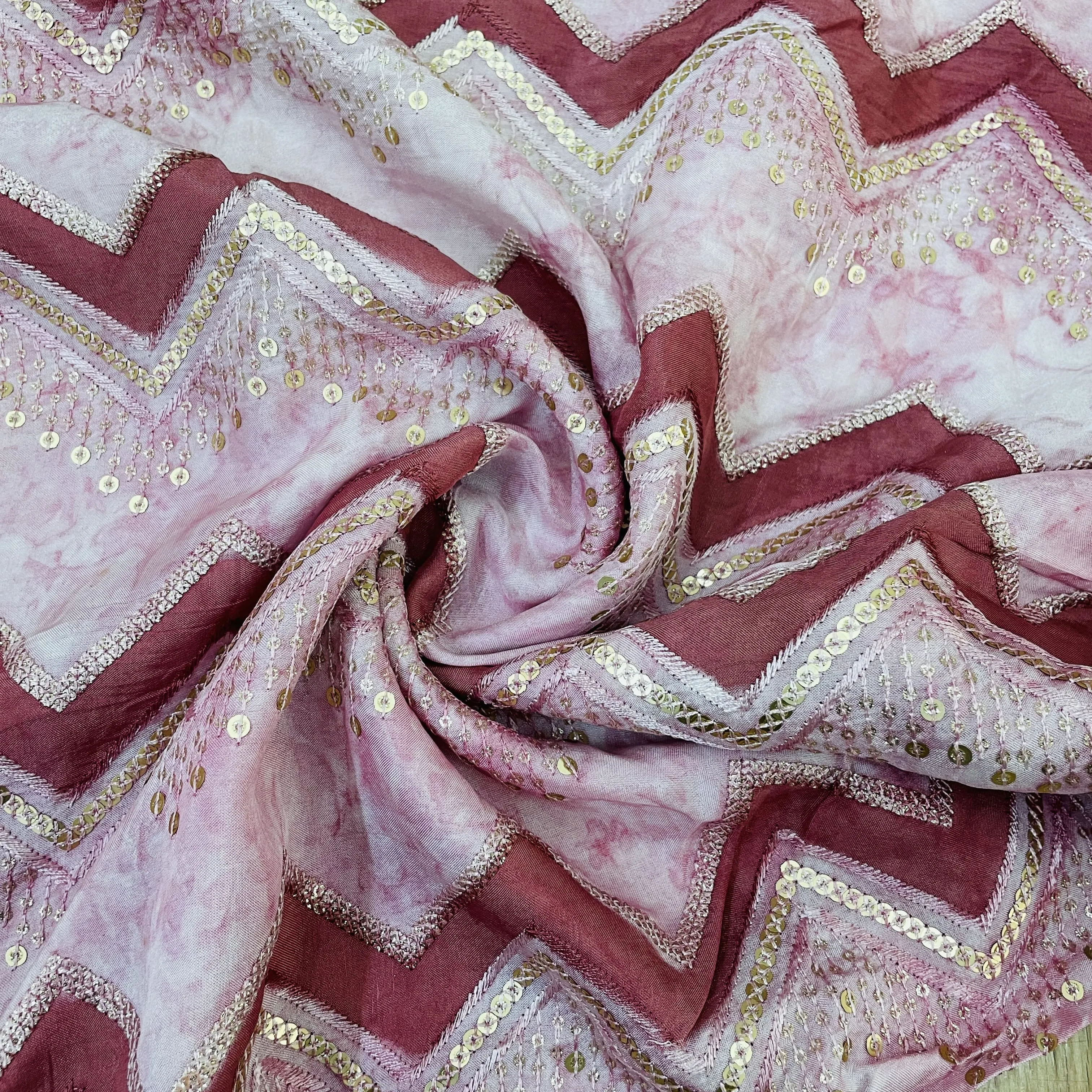 Exclusive Pink Chevron Sequins Embroidery Chinnon Fabric