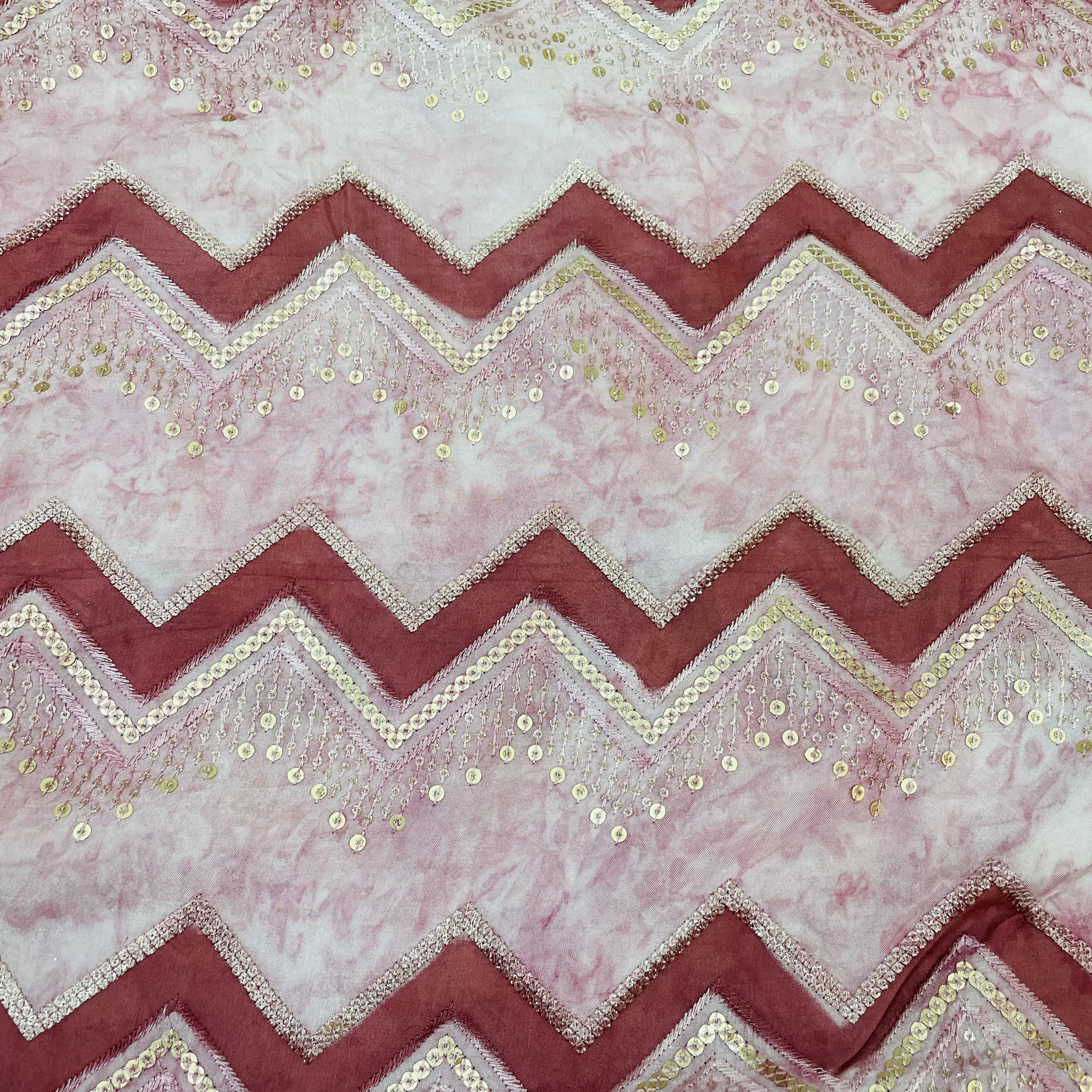 Exclusive Pink Chevron Sequins Embroidery Chinnon Fabric