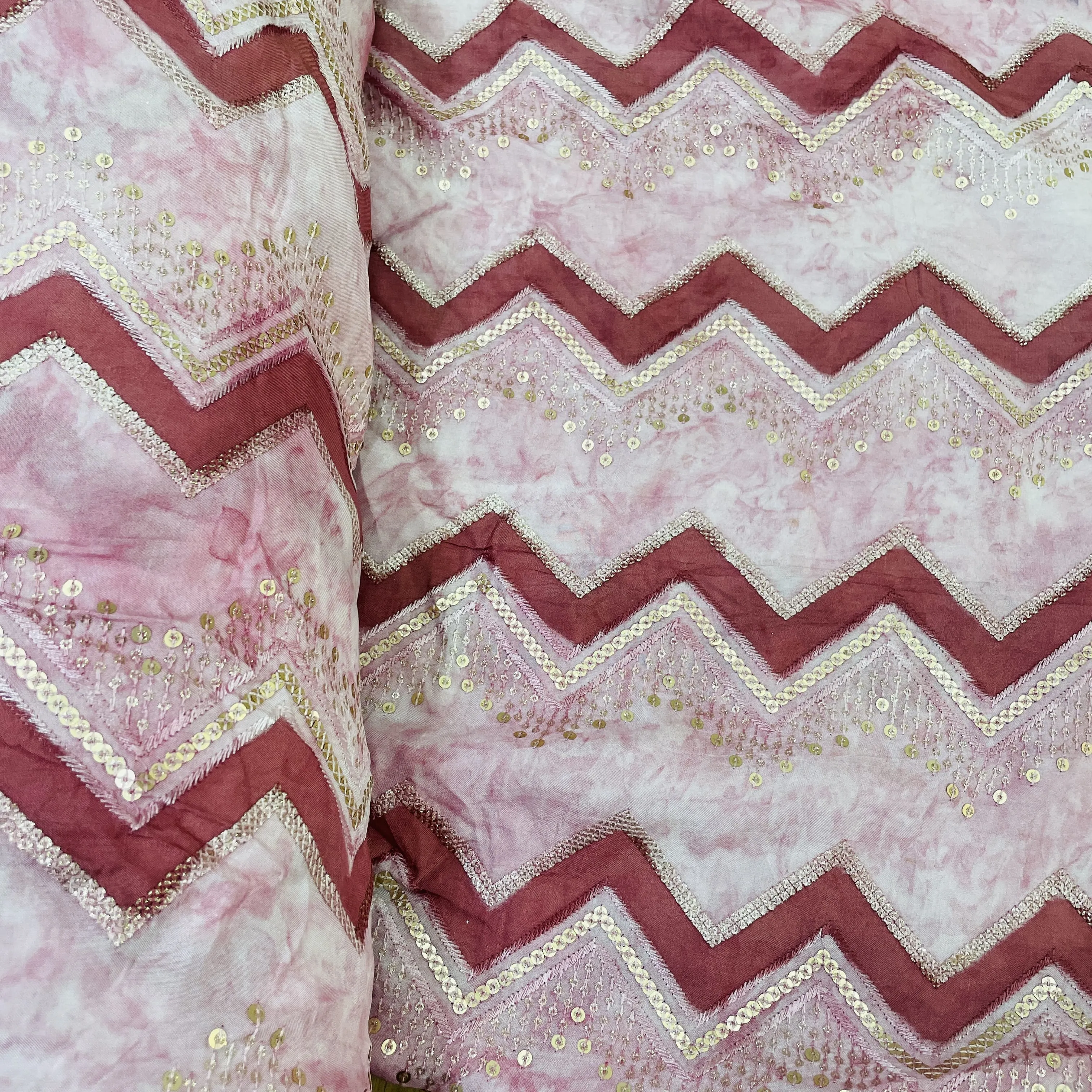 Exclusive Pink Chevron Sequins Embroidery Chinnon Fabric