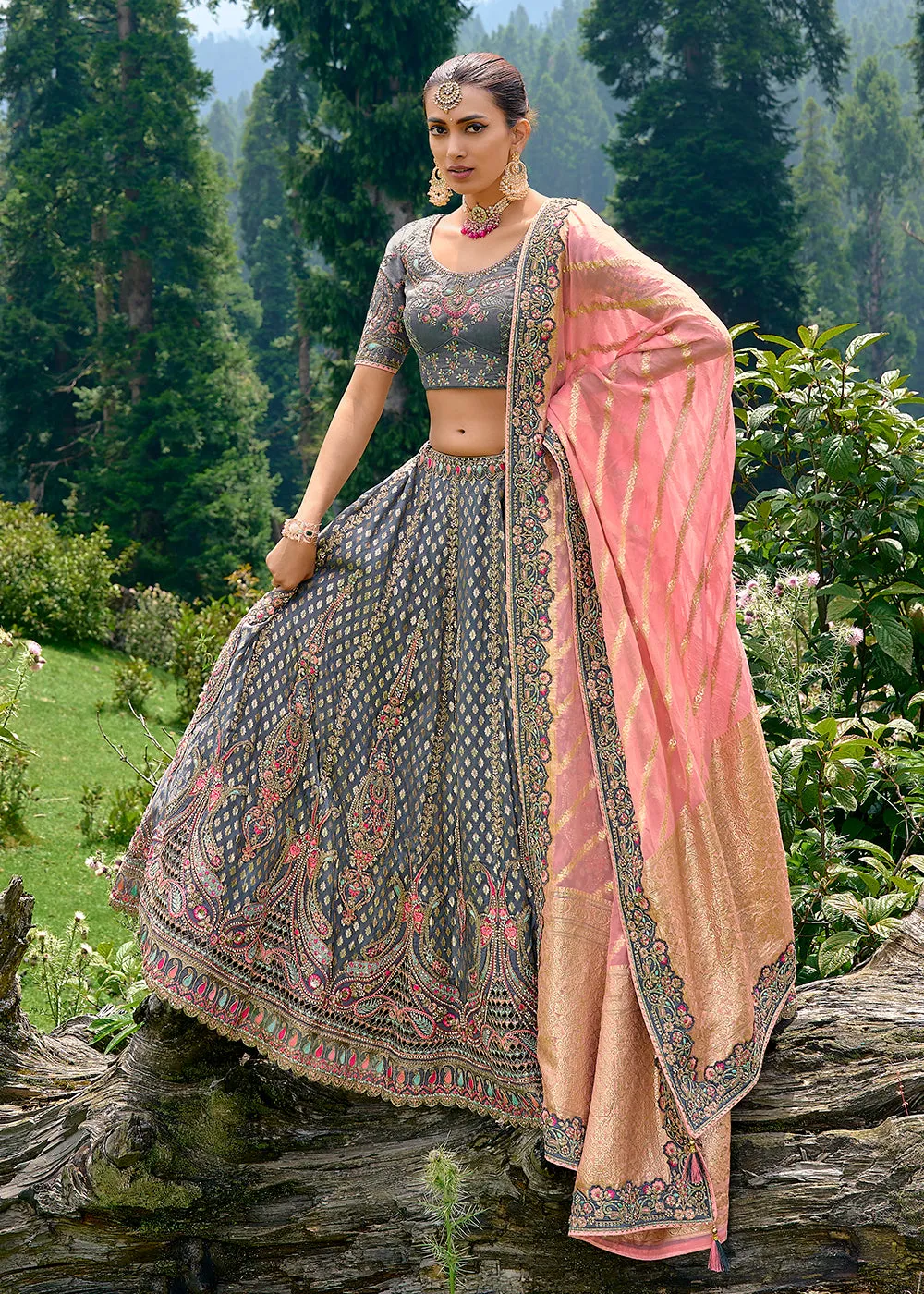 Fancy Silk Bluish Grey Heavy Embroidered Designer Lehenga Choli