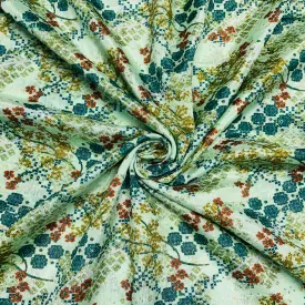 Green & Multicolor Floral Print Chinon Fabric