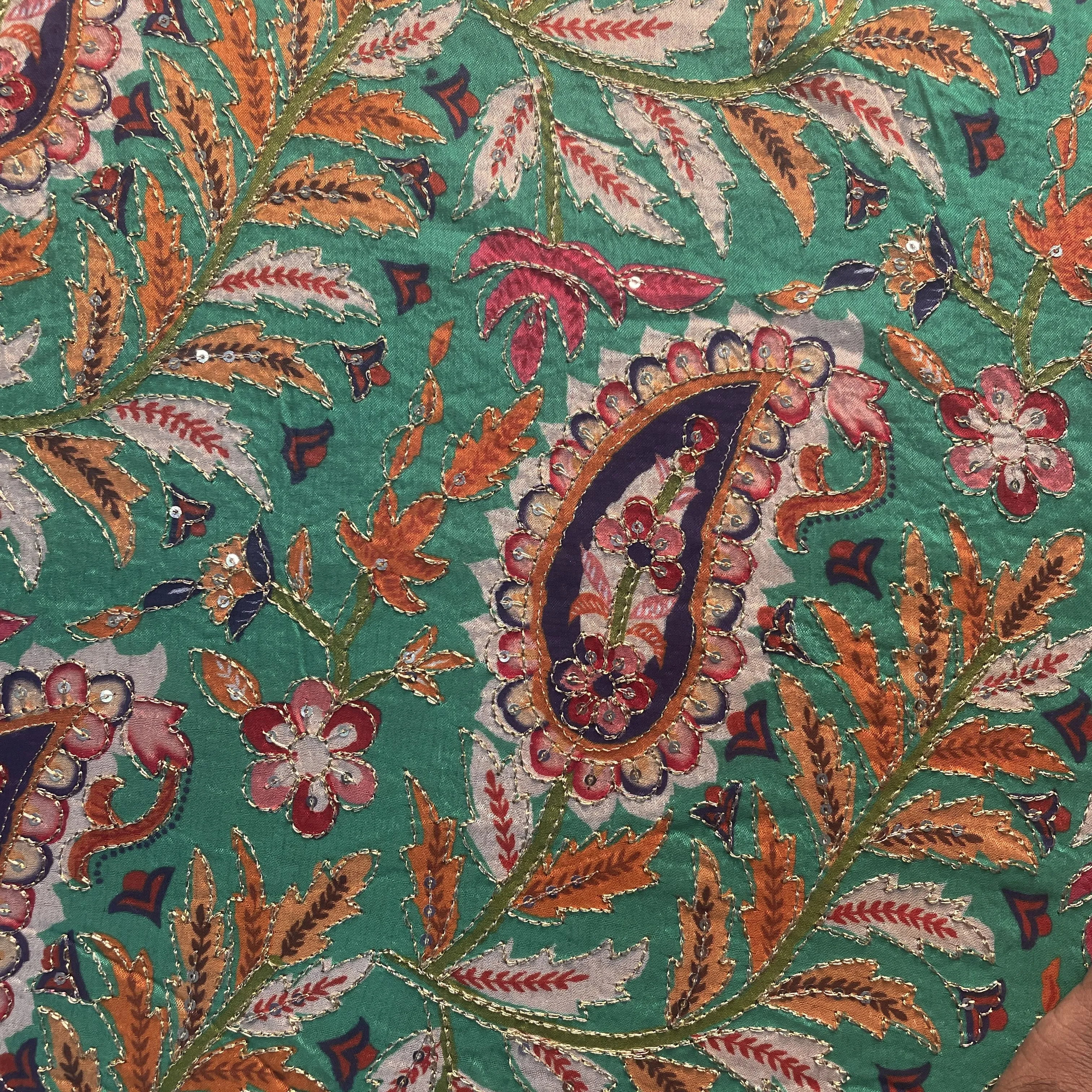 Green Paisley Embroidery Chiffon Fabric 19759