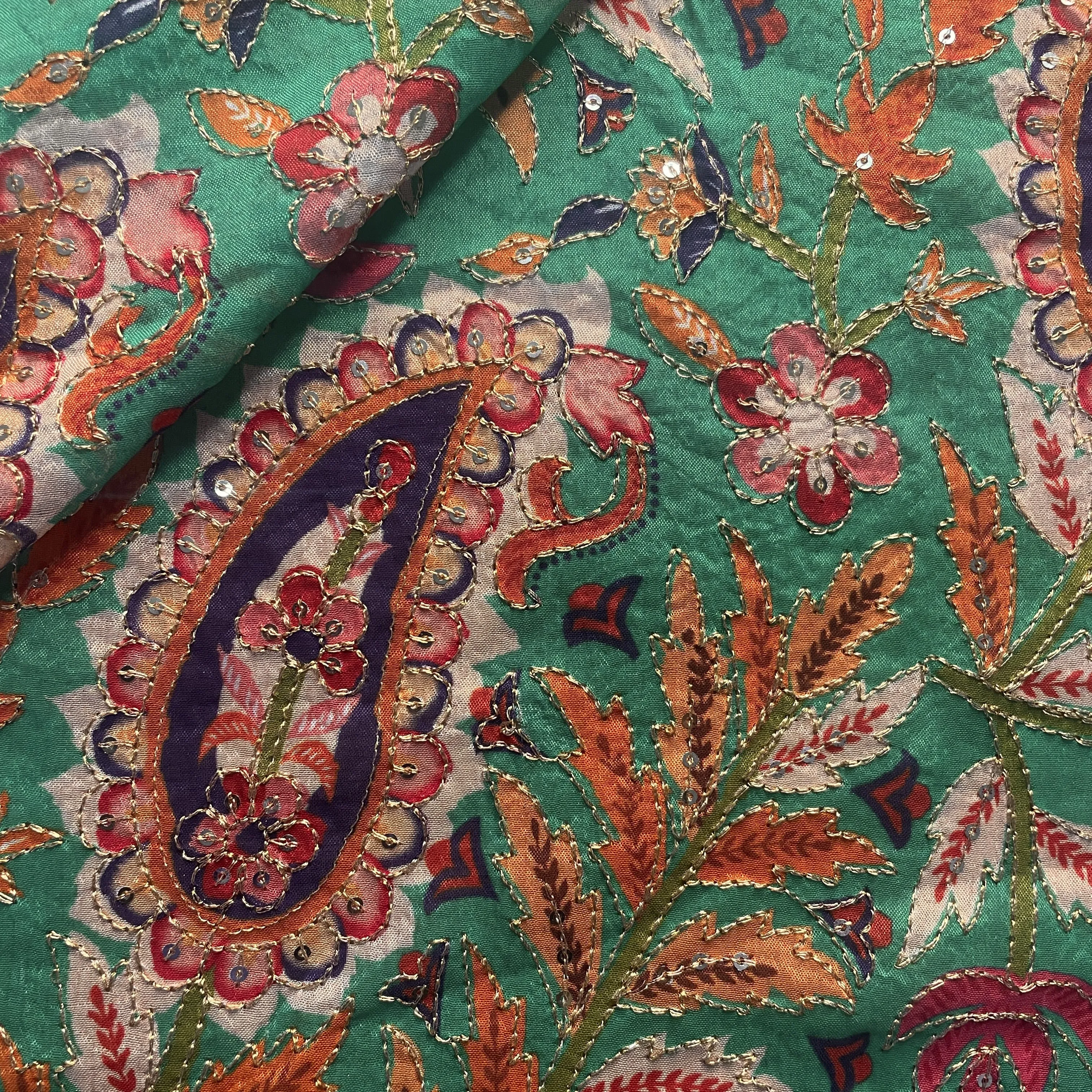 Green Paisley Embroidery Chiffon Fabric 19759