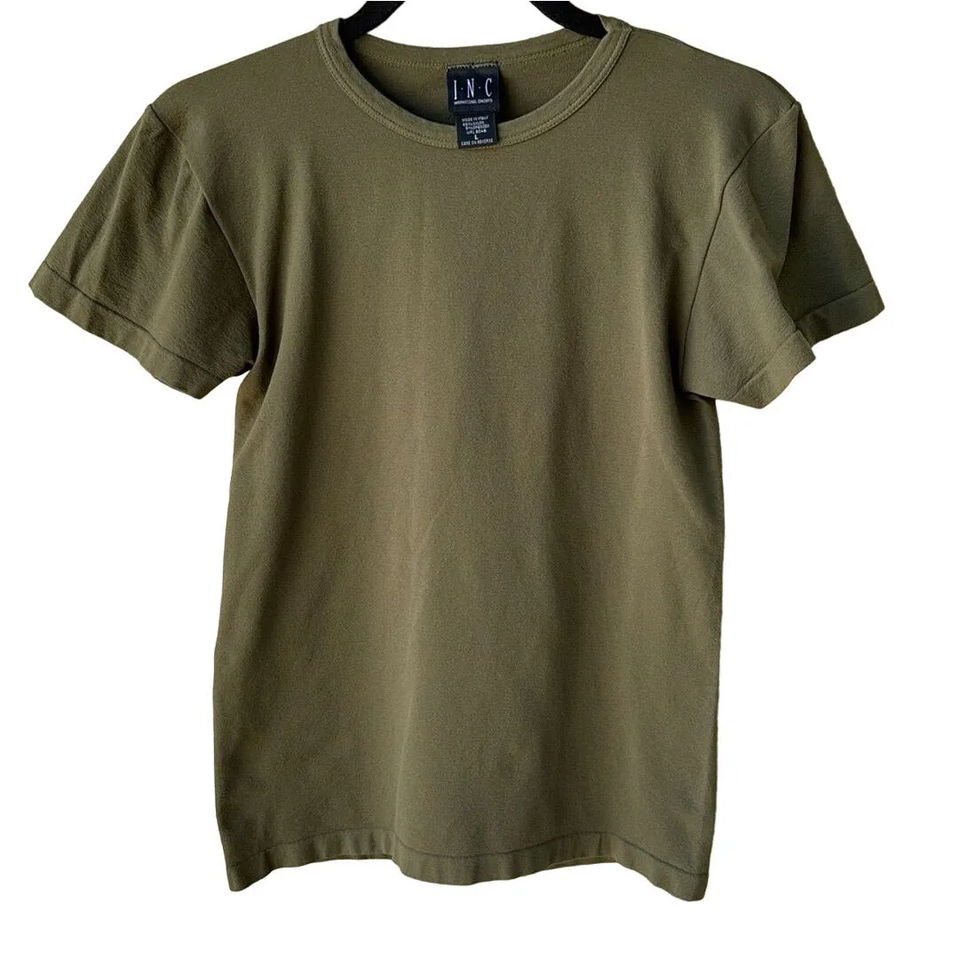 INC Women's Olive Green Crew Neck Linen Spandex Stretch Short Sleeve Shirt - L