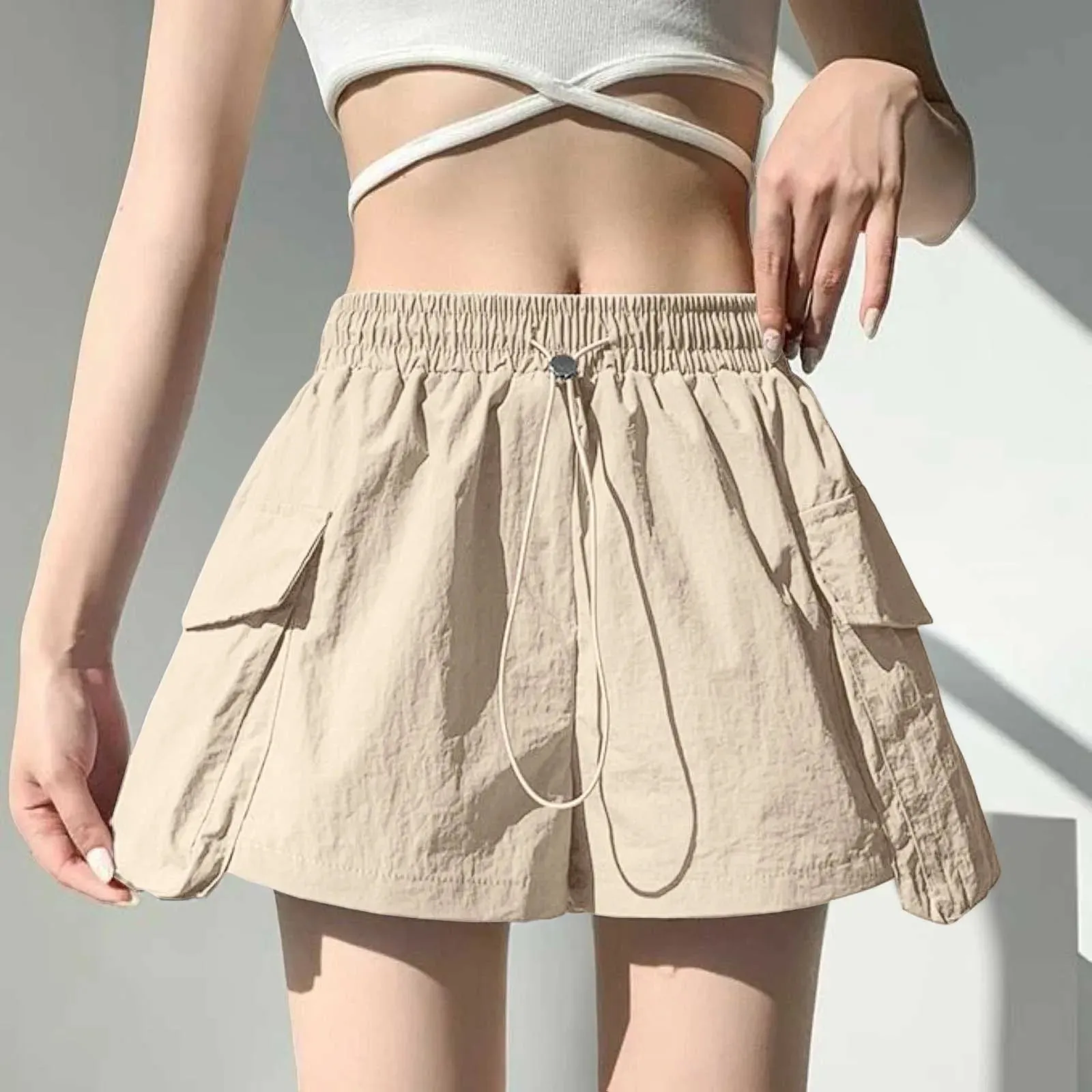 Knee Cargo Shorts 2024 New Vintage Casual Women Loose Wide Leg Pockets Shorts