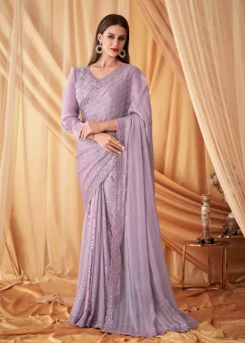 Lavender Georgette Silk Embroidered Festive Party Saree