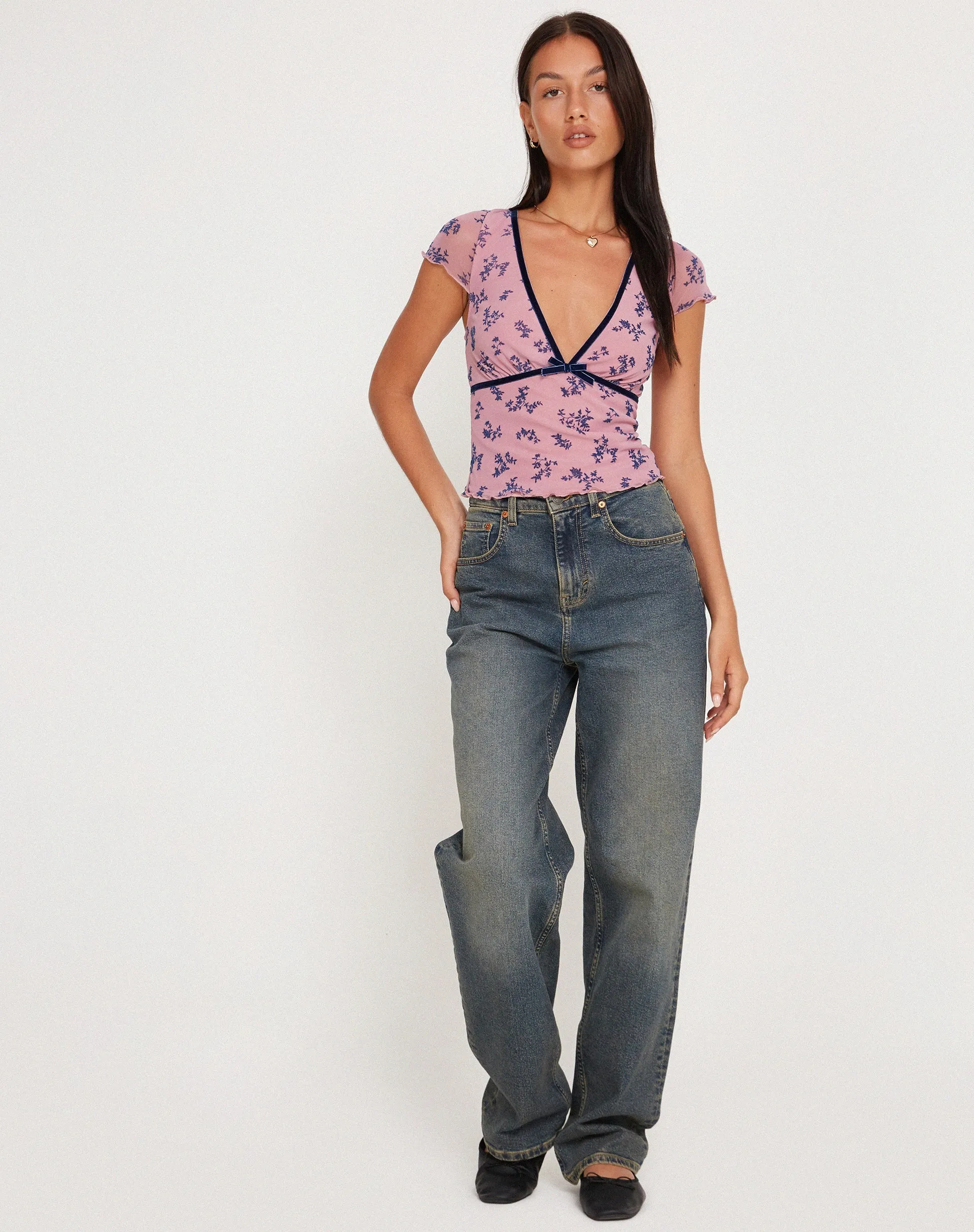 Livi Mesh Top in Pink and Navy Botanist Flocking