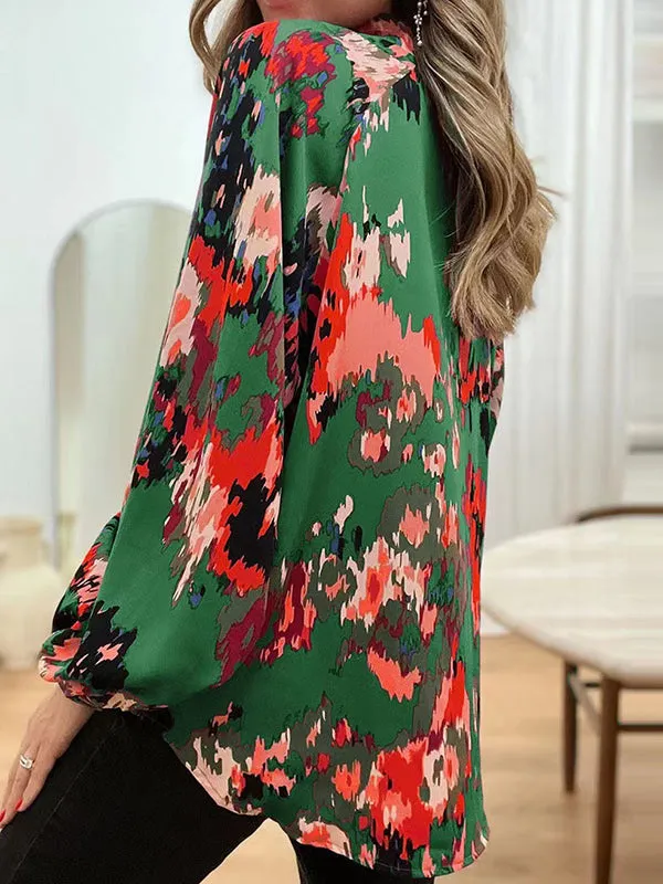 Long Sleeves Loose Printed V-Neck Blouses&Shirts Tops