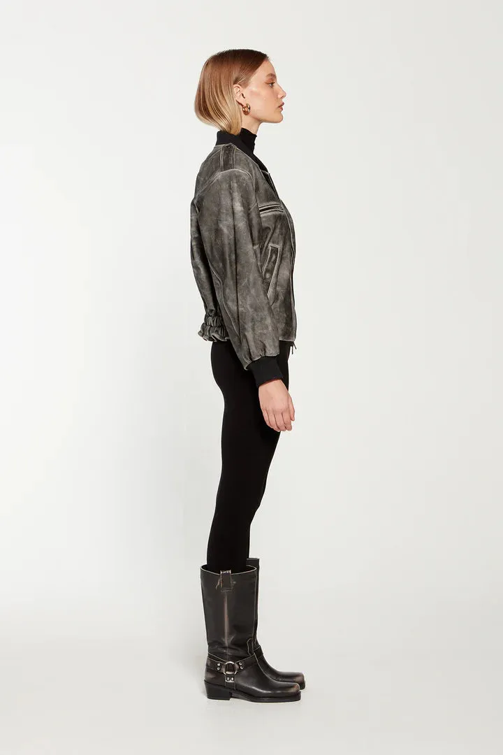 Luna Distressed Leather Bomber Jacket