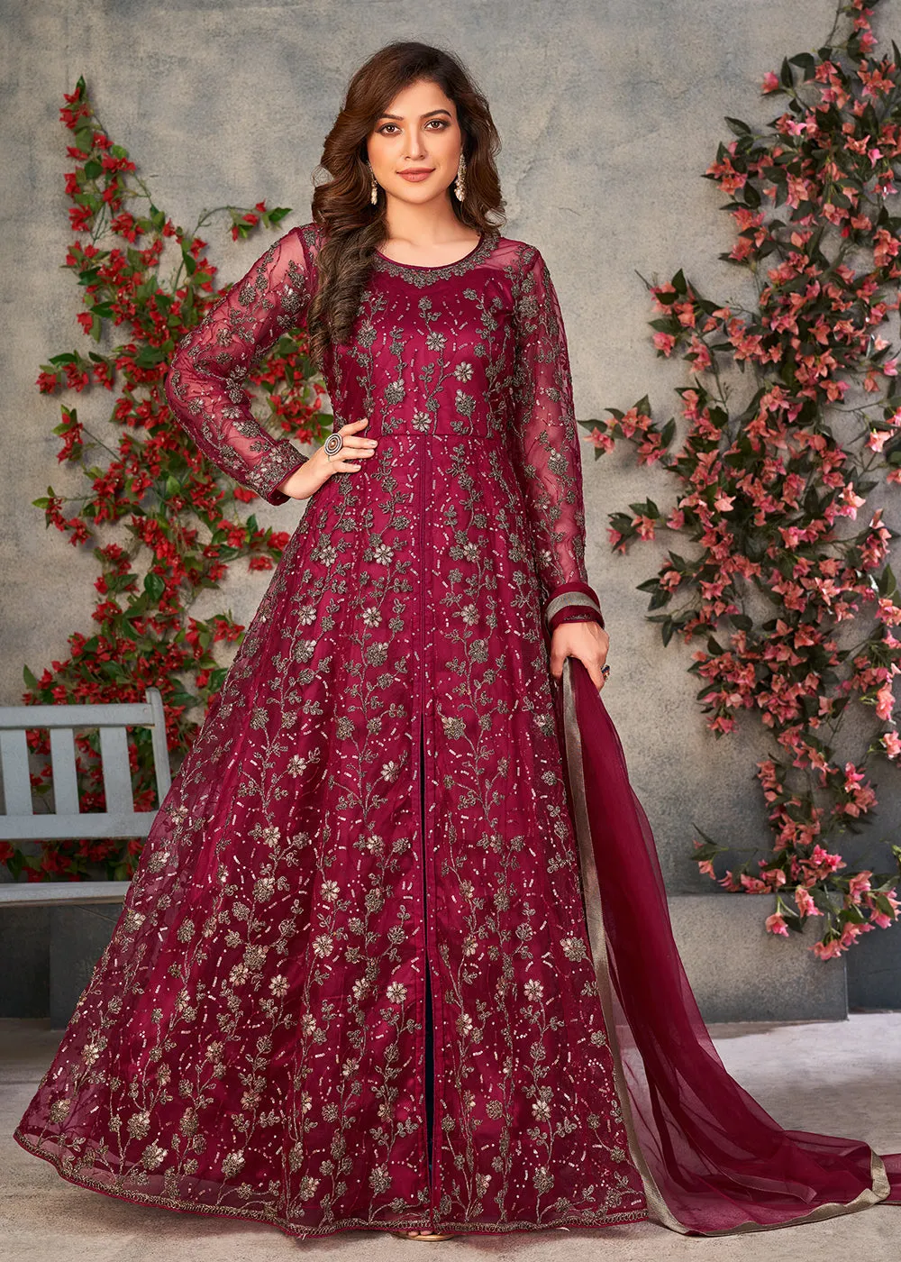 Mesmerizing Maroon Wedding Function Pant Style Anarkali Suit