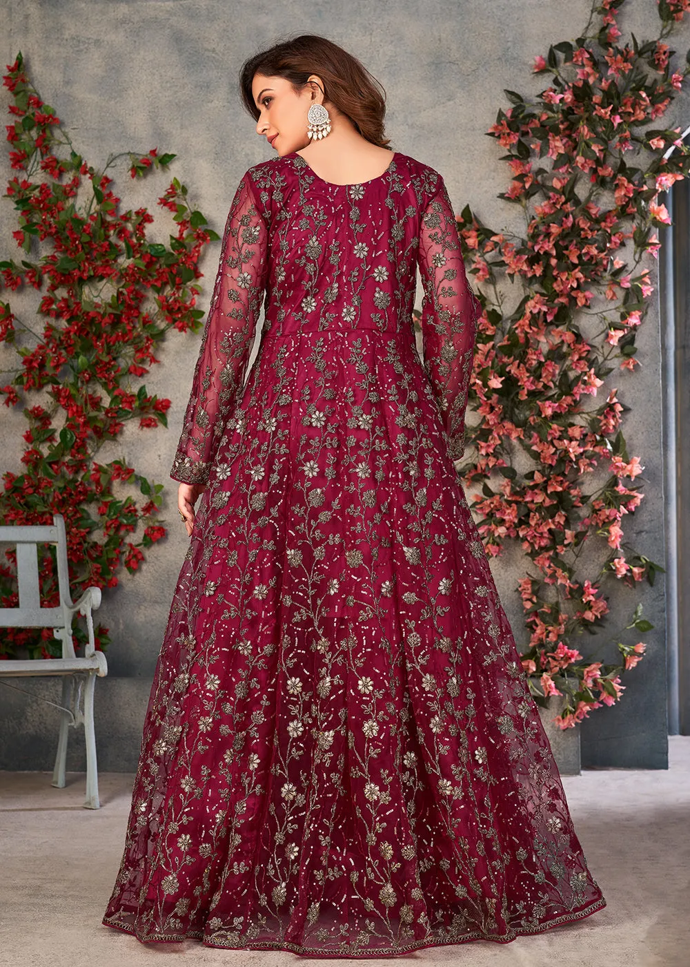 Mesmerizing Maroon Wedding Function Pant Style Anarkali Suit