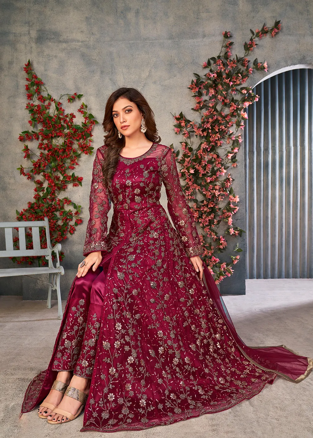 Mesmerizing Maroon Wedding Function Pant Style Anarkali Suit