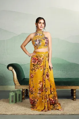 Mustard Floral Printed Embellished Premium Silk Drape Skirt Set