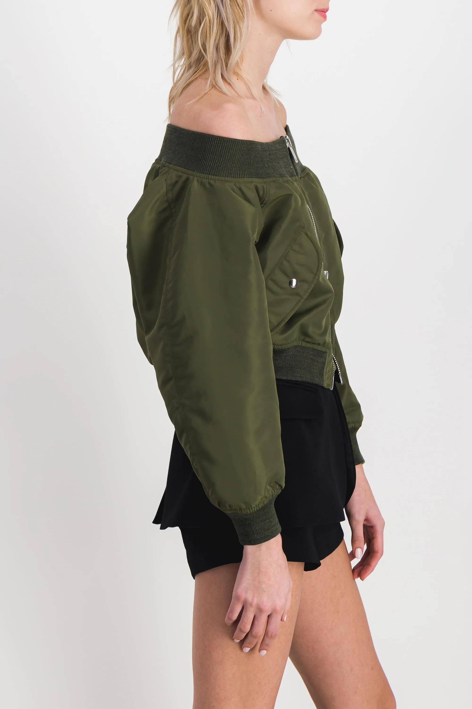 Off-the-shoulder cropped bomber jacket