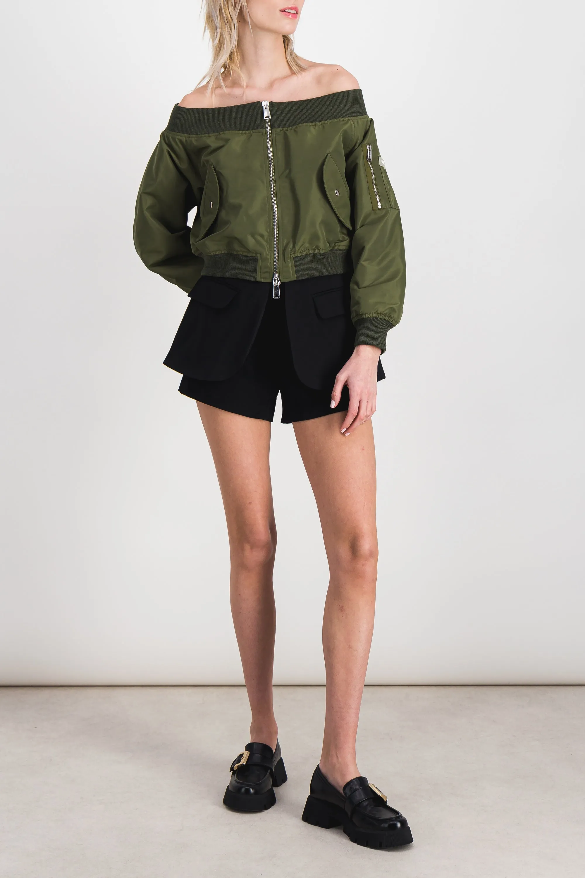 Off-the-shoulder cropped bomber jacket