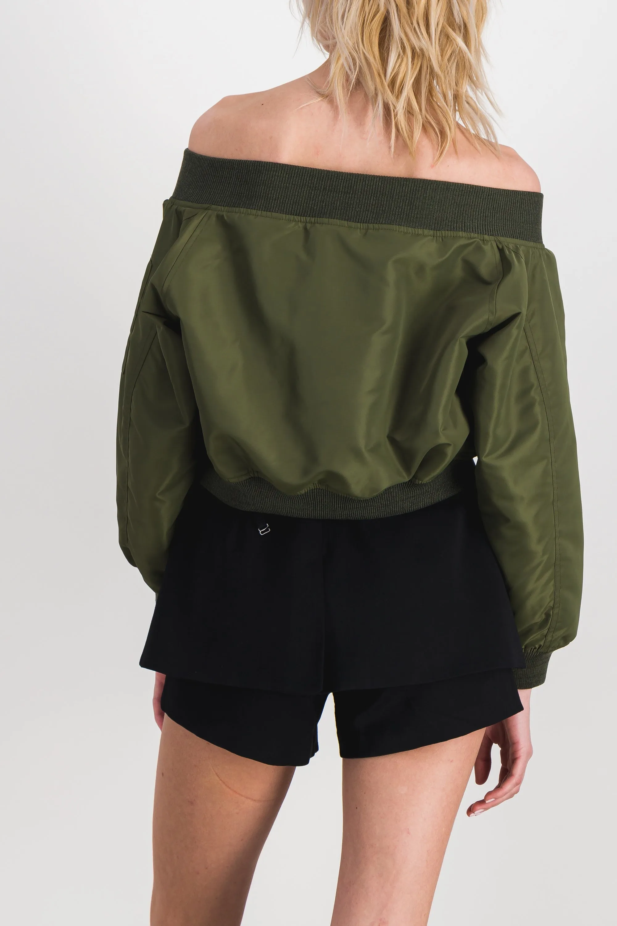 Off-the-shoulder cropped bomber jacket