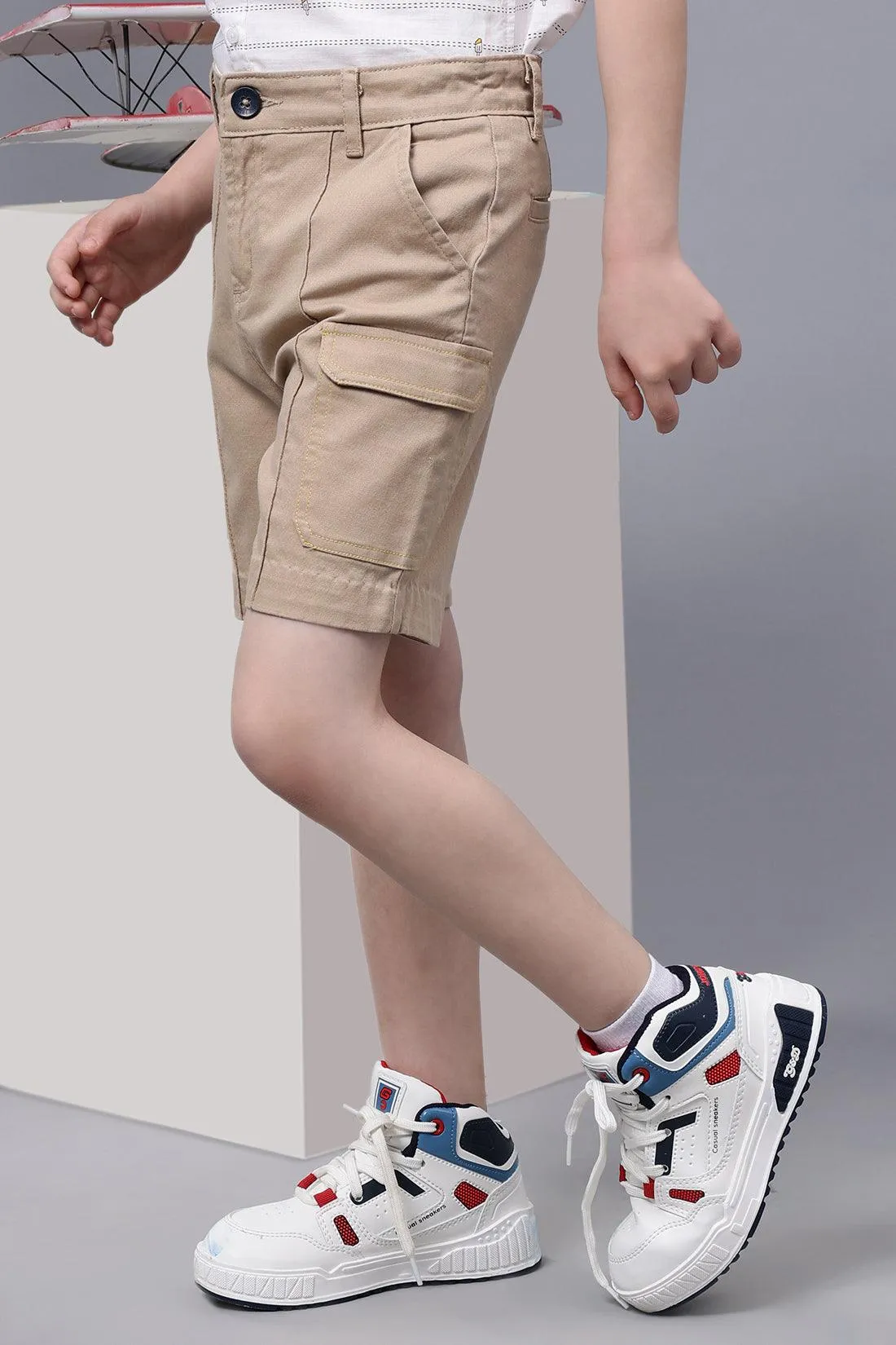 One Friday Boys Beige Cotton Shorts with flapped cargo pockets