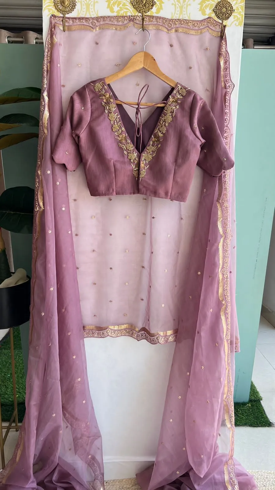 Onion pink organza Saree with Handmade Blouse