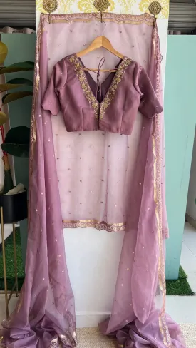 Onion pink organza Saree with Handmade Blouse